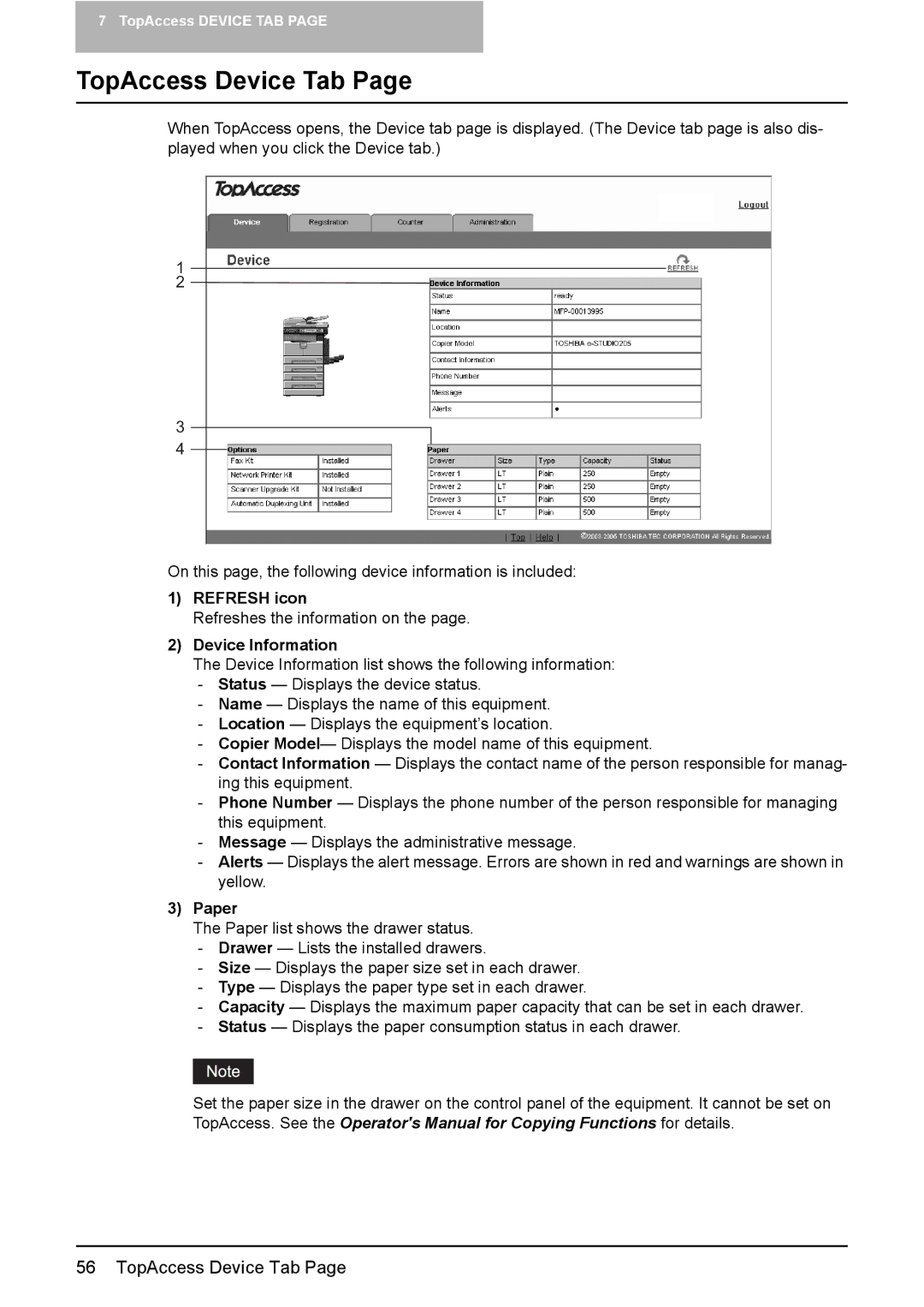 Toshiba GA-1190 setup guide TopAccess Device Tab, Refresh icon, Device Information, Paper 