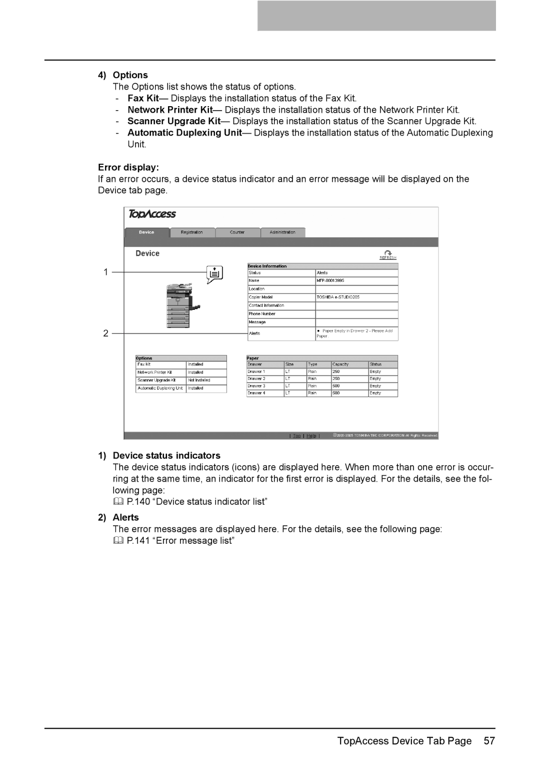 Toshiba GA-1190 setup guide Options, Error display, Device status indicators, Alerts 