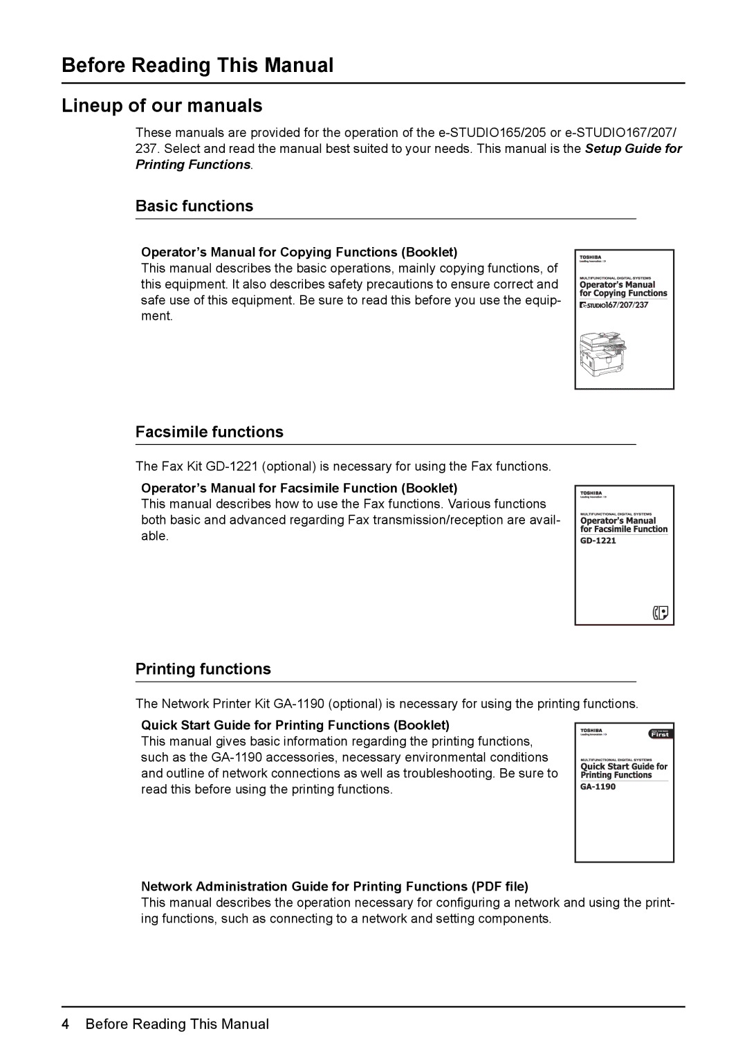 Toshiba GA-1190 setup guide Before Reading This Manual, Lineup of our manuals, Basic functions, Facsimile functions 