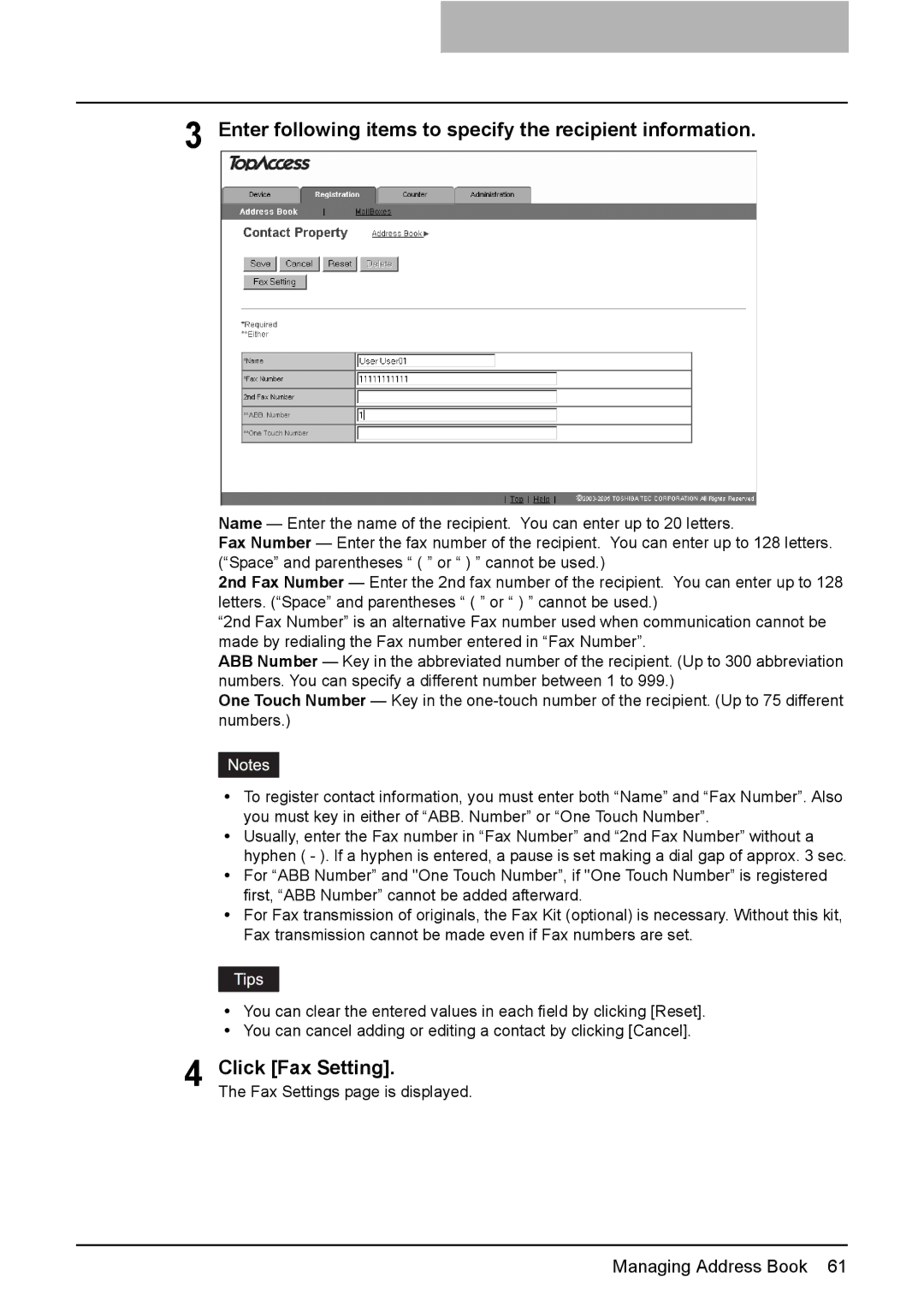 Toshiba GA-1190 setup guide Enter following items to specify the recipient information, Click Fax Setting 