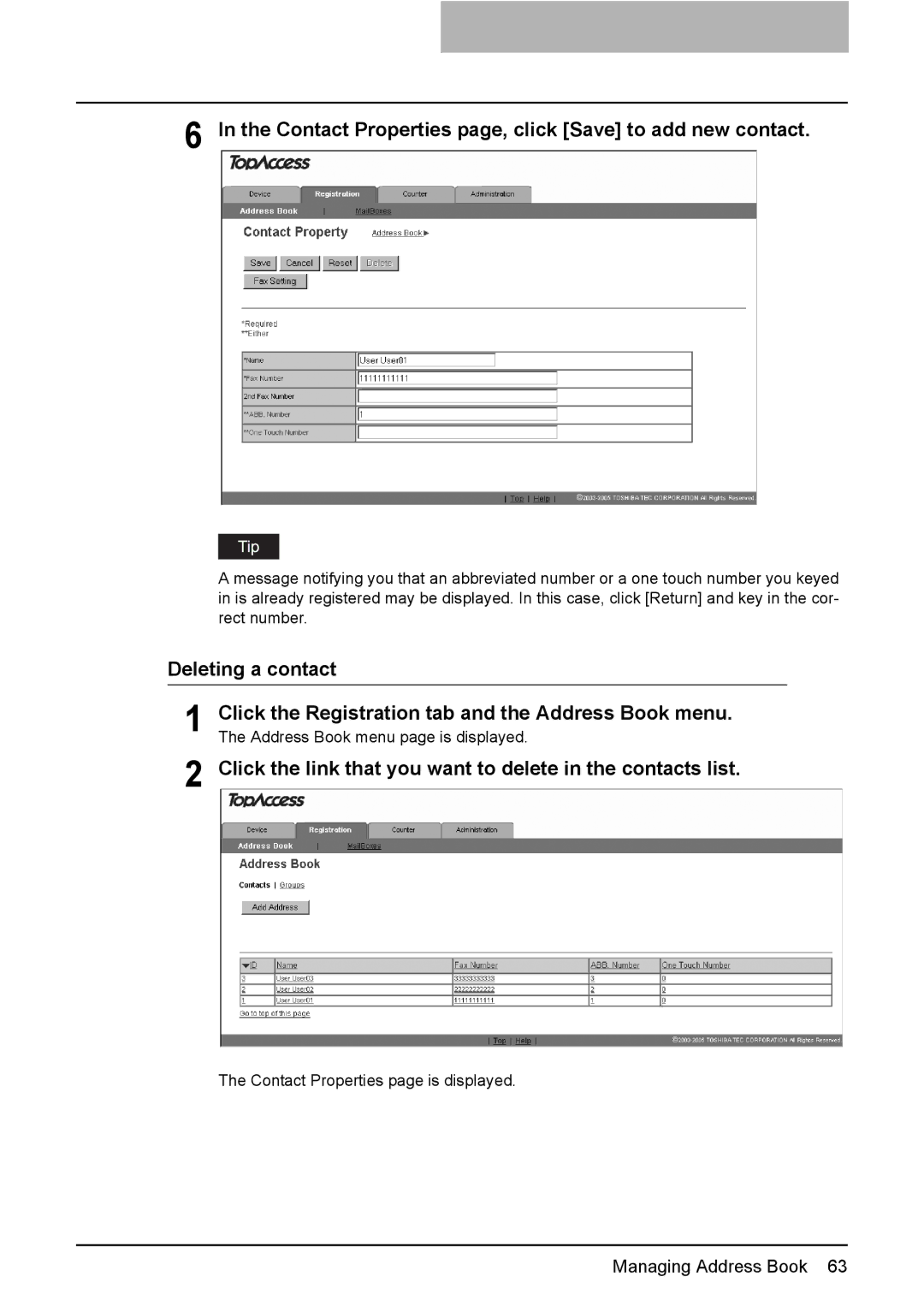 Toshiba GA-1190 setup guide Contact Properties page, click Save to add new contact, Deleting a contact 