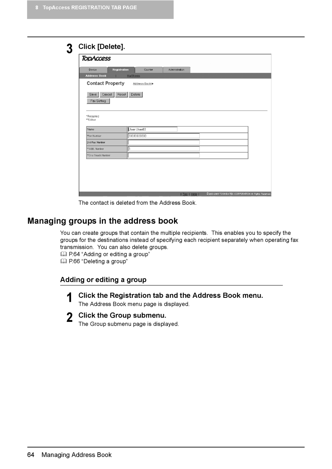 Toshiba GA-1190 setup guide Managing groups in the address book, Click Delete, Adding or editing a group 