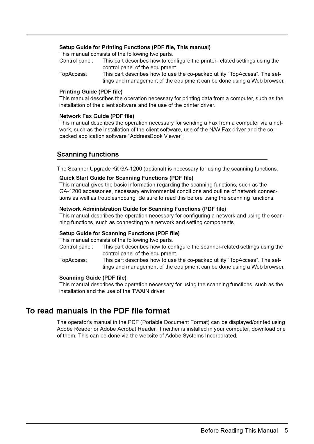 Toshiba GA-1190 setup guide Scanning functions, TopAccess 