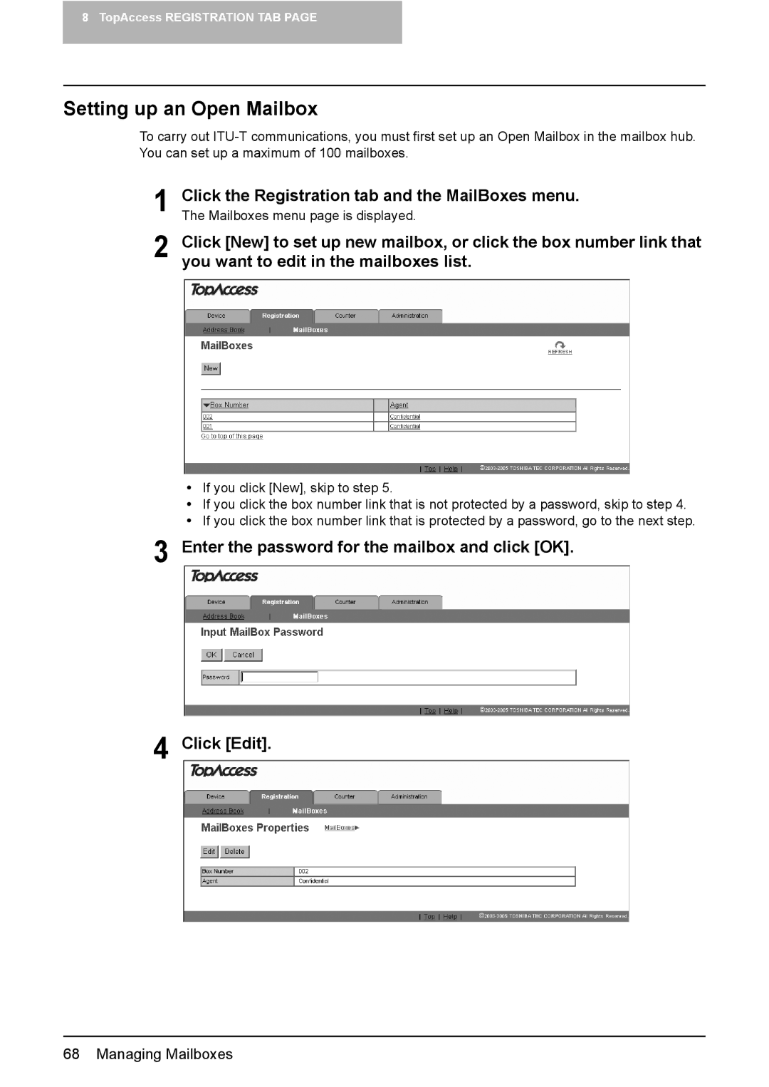 Toshiba GA-1190 setup guide Setting up an Open Mailbox, Enter the password for the mailbox and click OK Click Edit 