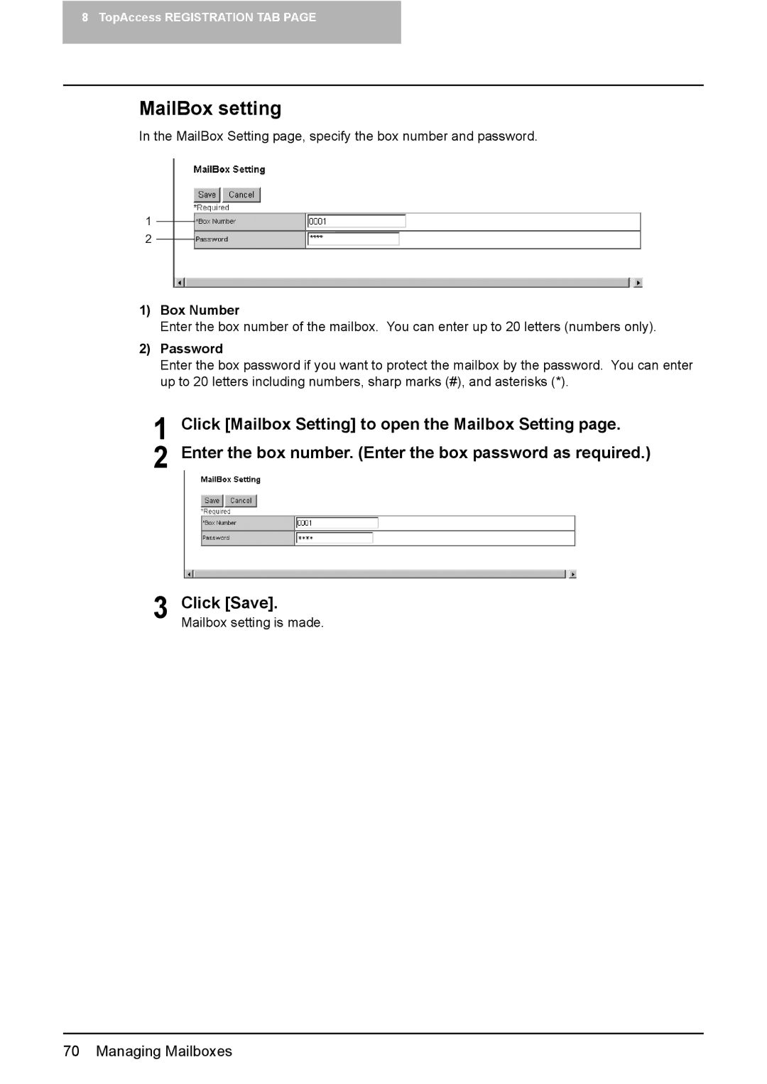 Toshiba GA-1190 setup guide MailBox setting, Box Number, Password 