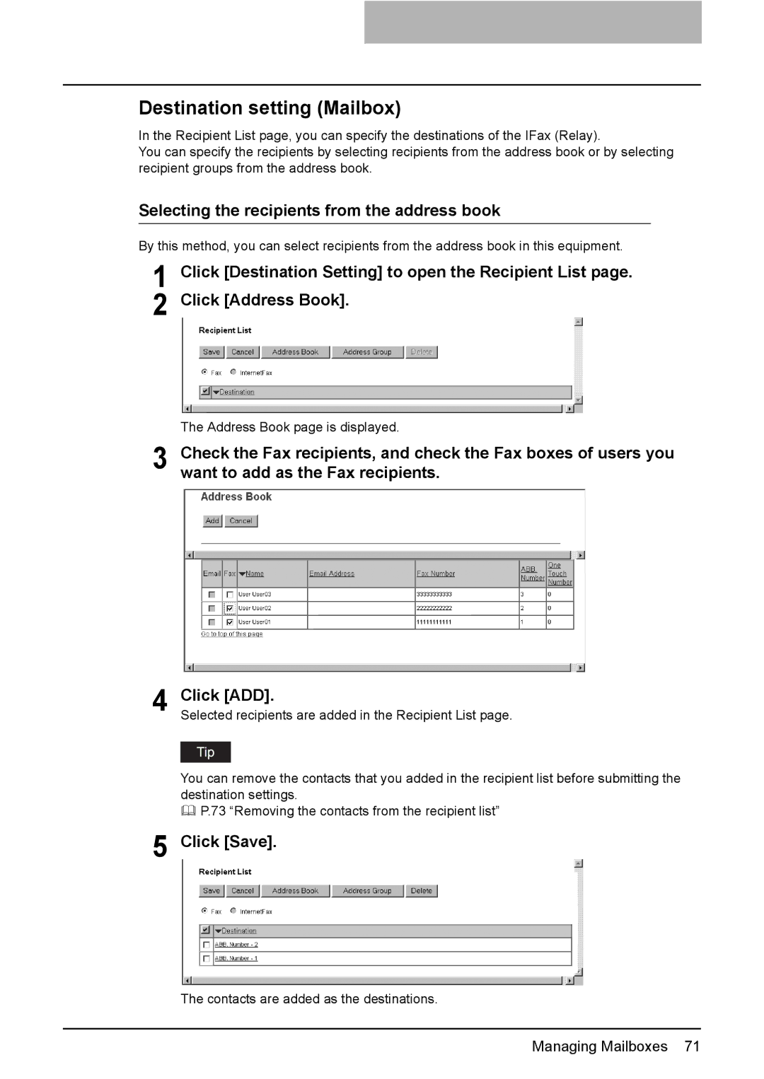 Toshiba GA-1190 setup guide Destination setting Mailbox, Selecting the recipients from the address book 