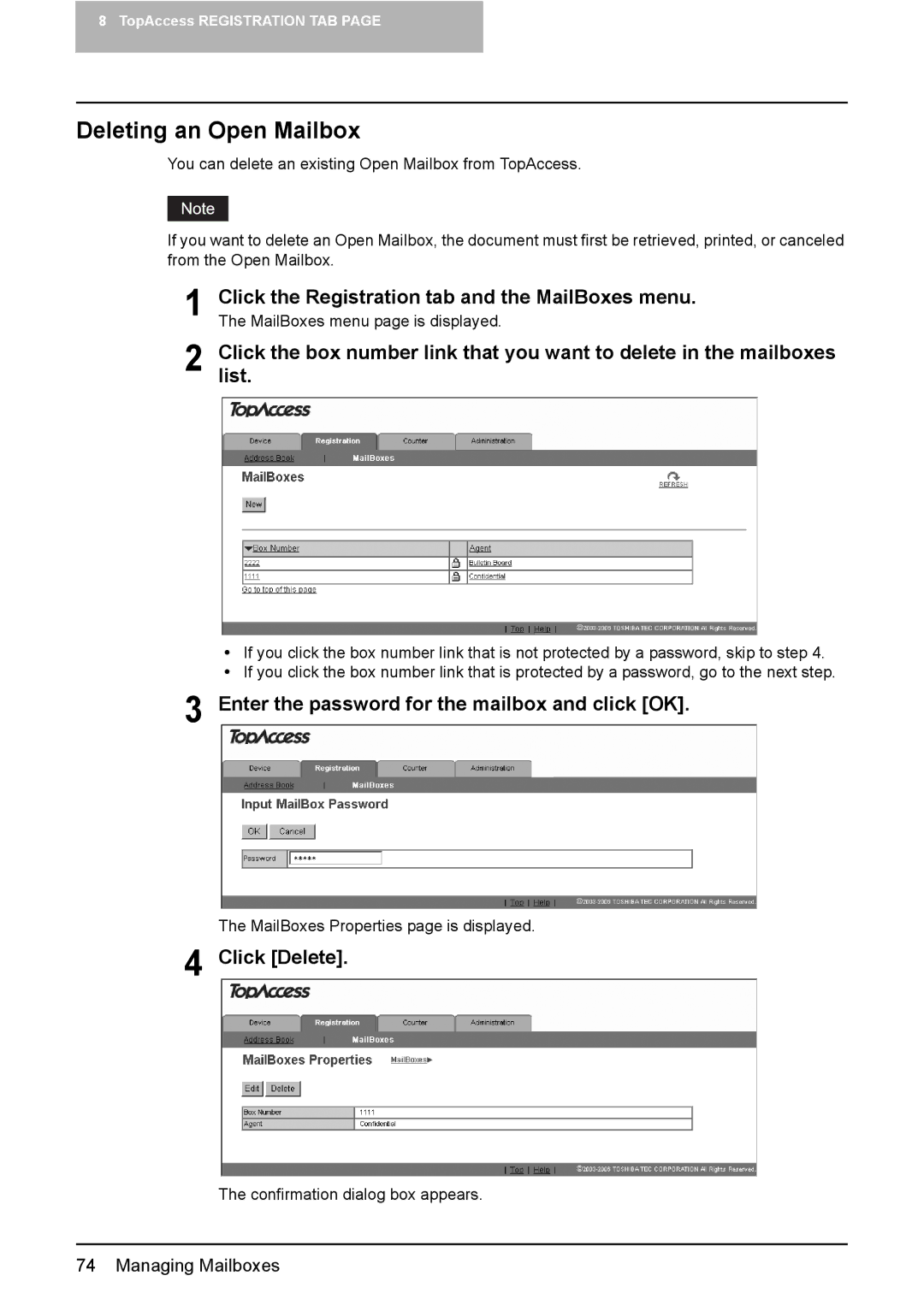 Toshiba GA-1190 setup guide Deleting an Open Mailbox, Enter the password for the mailbox and click OK 