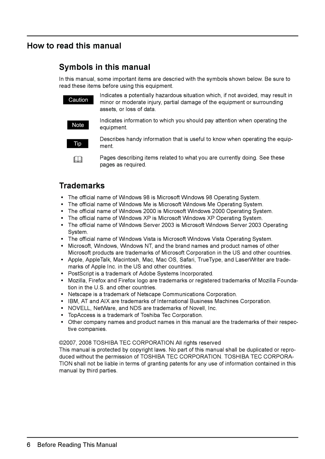 Toshiba GA-1190 setup guide How to read this manual Symbols in this manual, Trademarks 