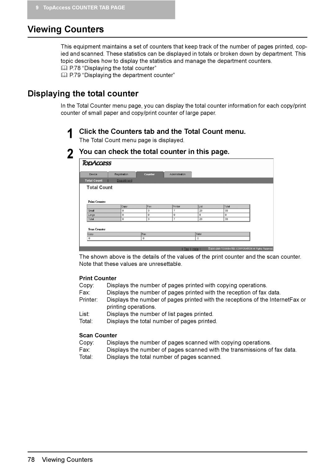 Toshiba GA-1190 Viewing Counters, Displaying the total counter, You can check the total counter in this, Print Counter 