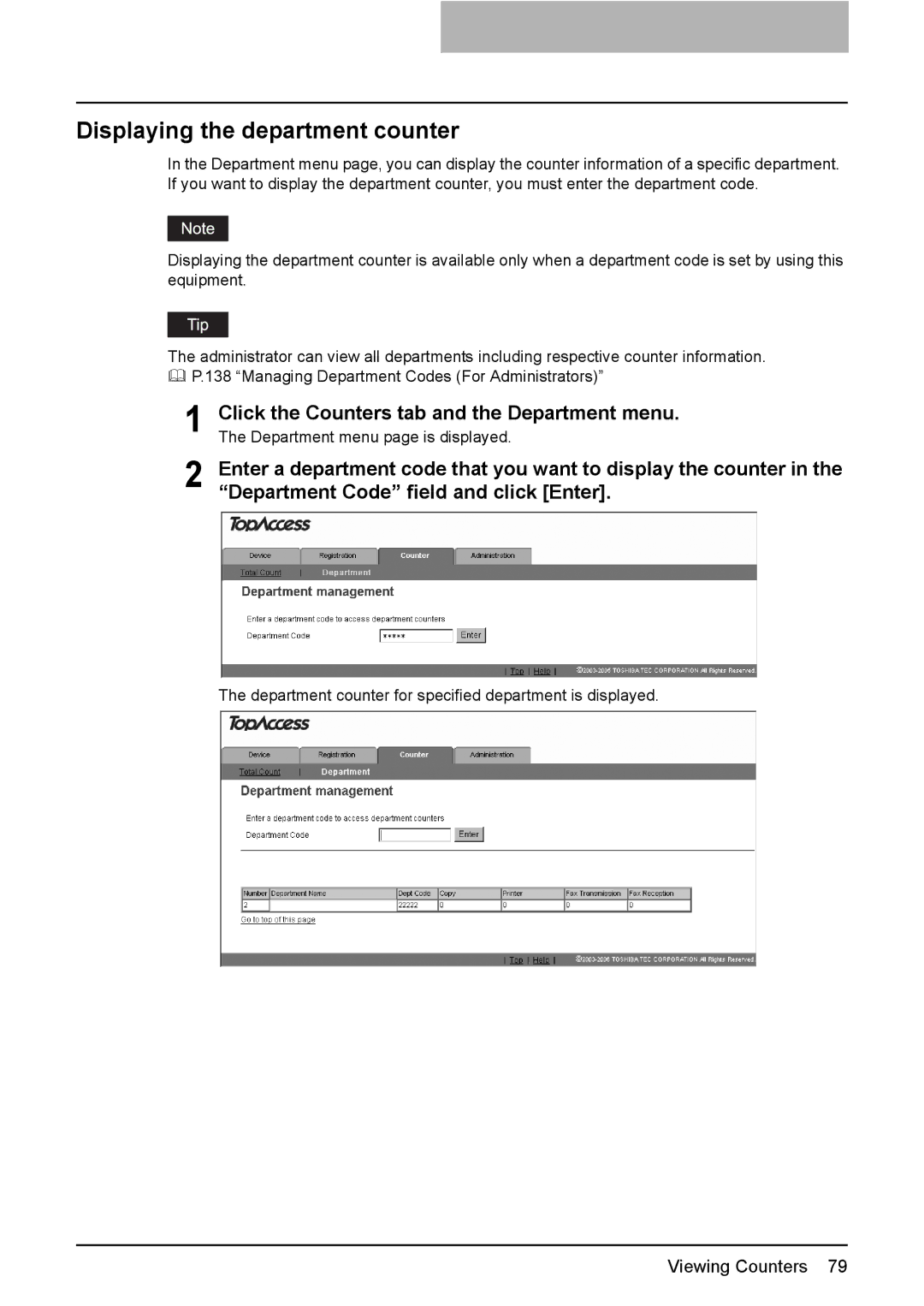 Toshiba GA-1190 setup guide Displaying the department counter, Click the Counters tab and the Department menu 