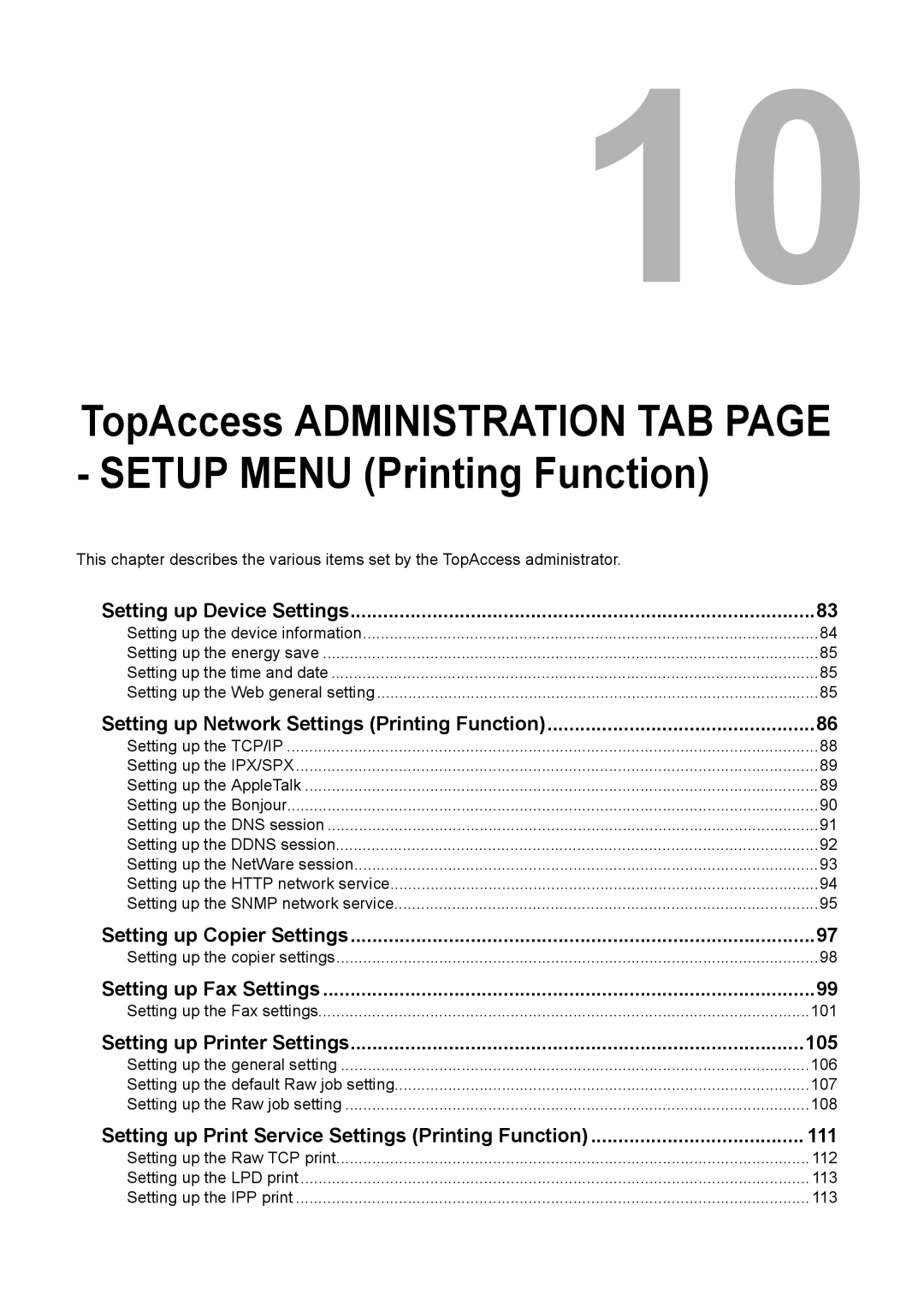 Toshiba GA-1190 setup guide Setting up Printer Settings 105, 111 