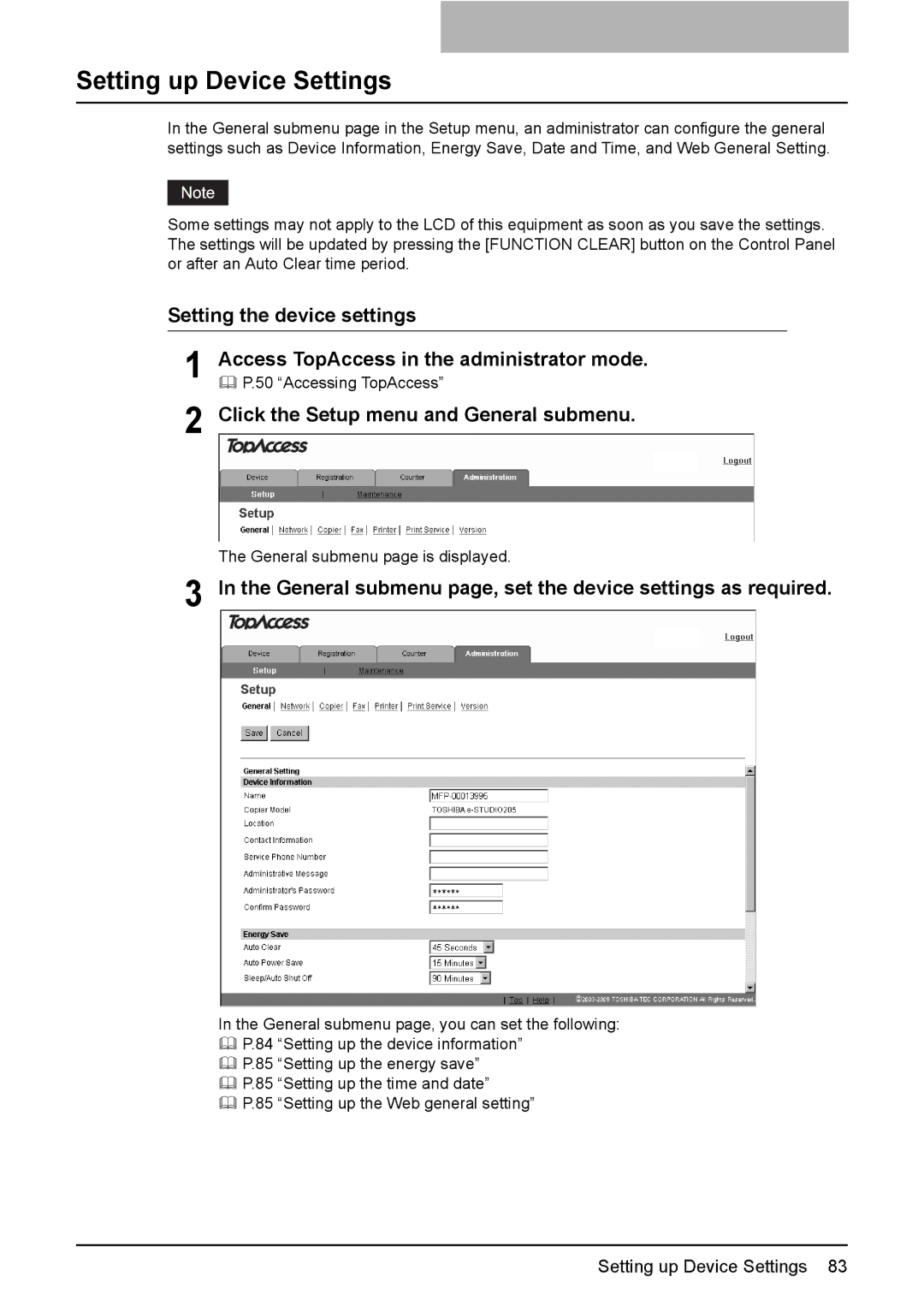 Toshiba GA-1190 setup guide Setting up Device Settings, Click the Setup menu and General submenu 