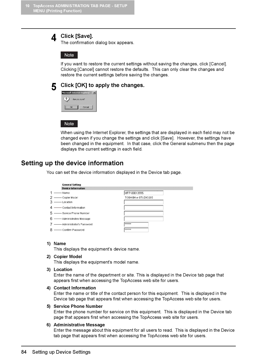 Toshiba GA-1190 setup guide Setting up the device information, Click OK to apply the changes 