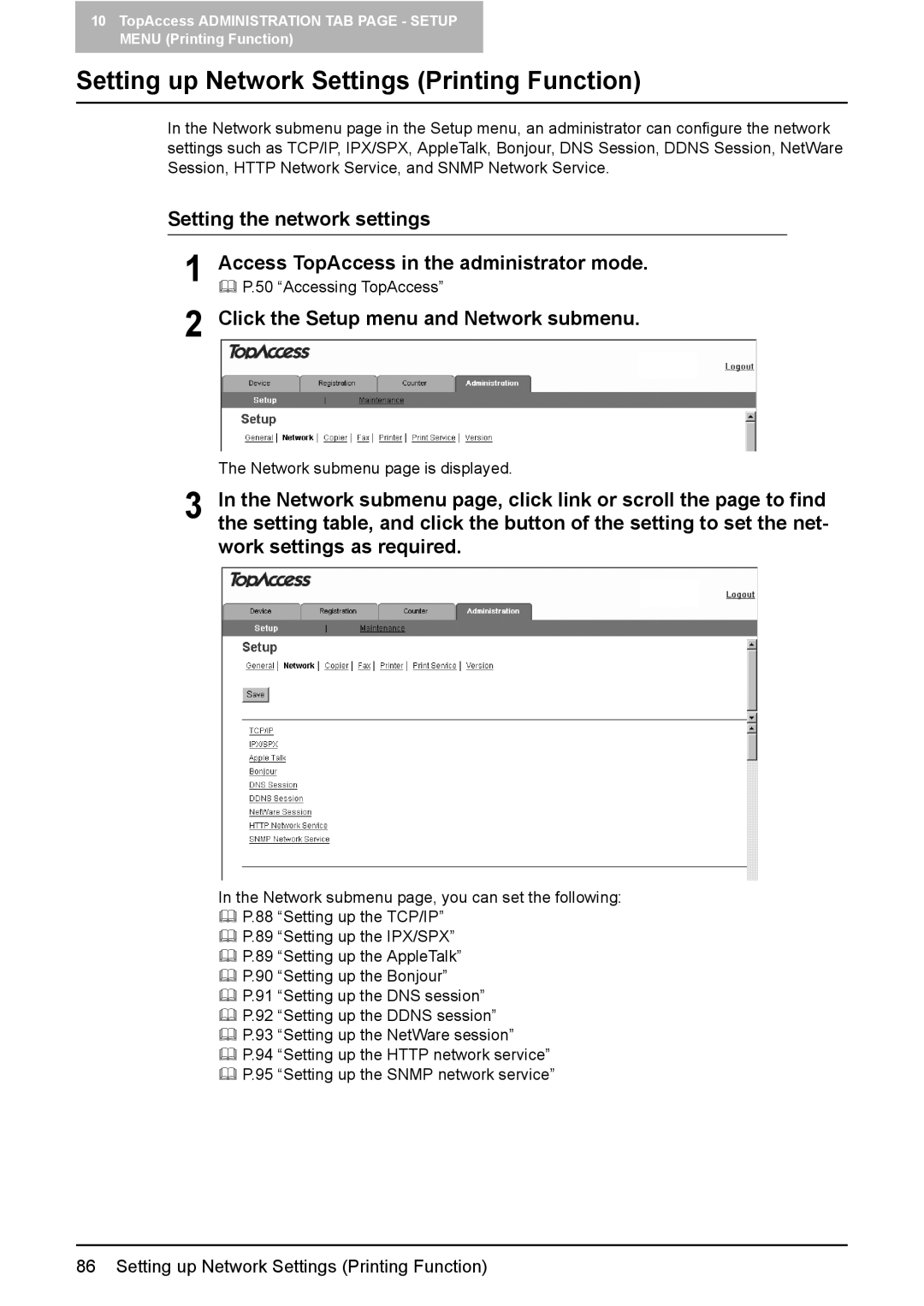 Toshiba GA-1190 setup guide Setting up Network Settings Printing Function, Click the Setup menu and Network submenu 