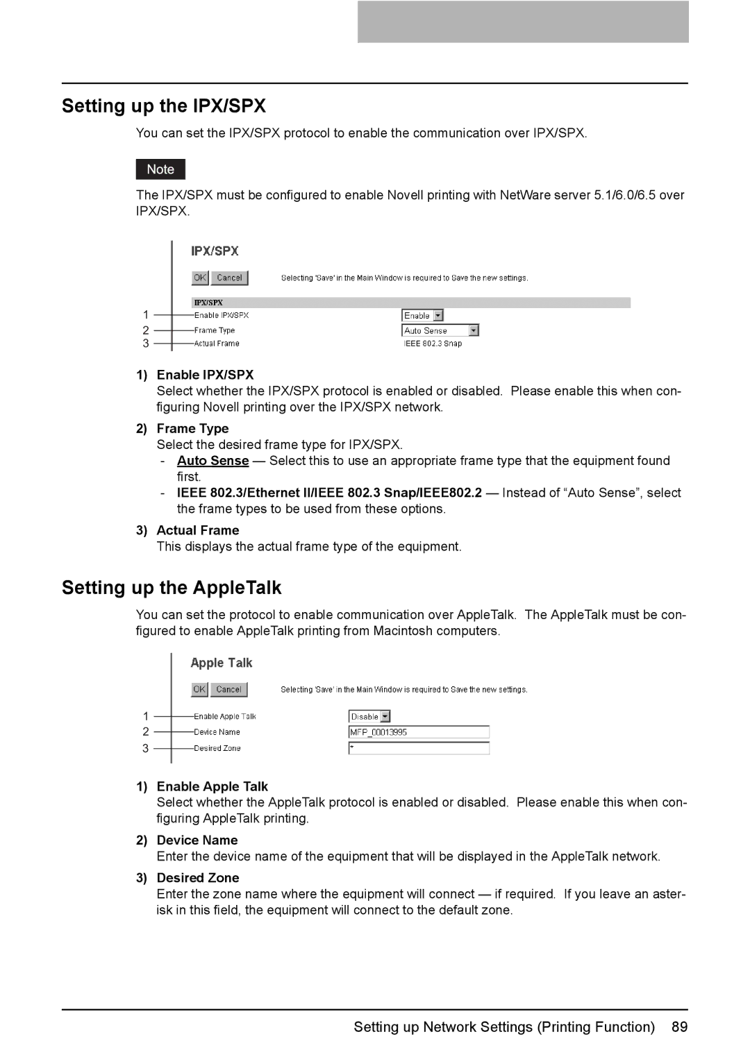 Toshiba GA-1190 setup guide Setting up the IPX/SPX, Setting up the AppleTalk 