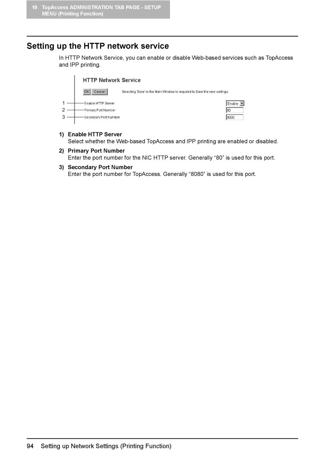 Toshiba GA-1190 Setting up the Http network service, Enable Http Server, Primary Port Number, Secondary Port Number 