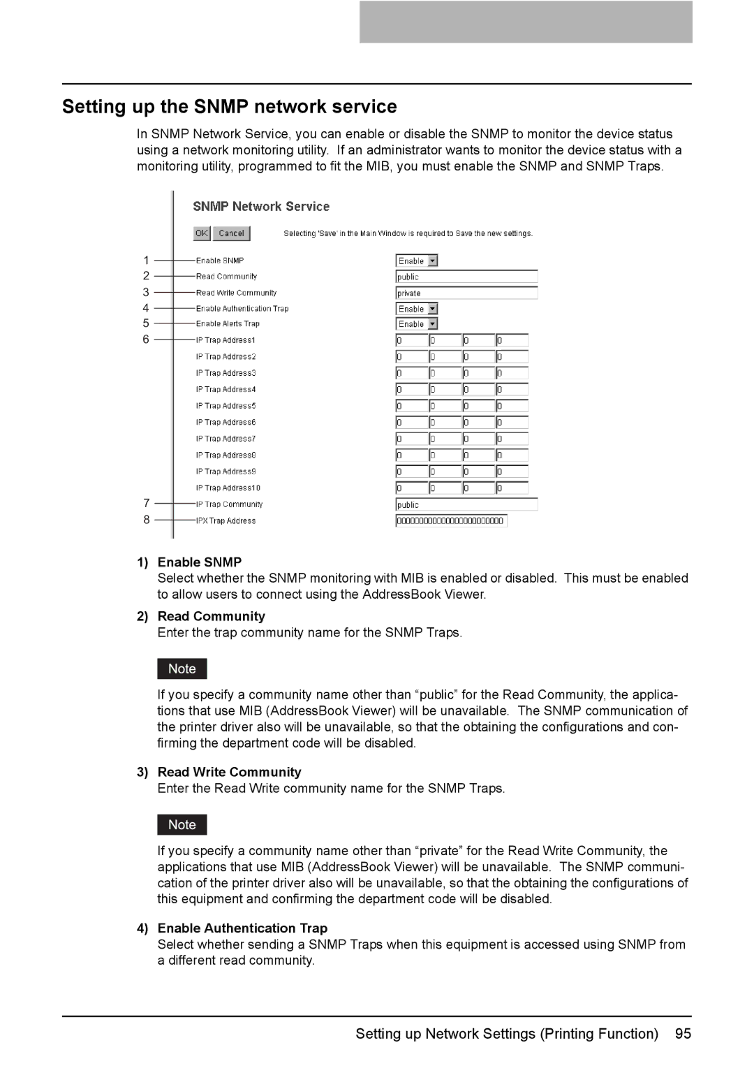 Toshiba GA-1190 setup guide Setting up the Snmp network service, Enable Snmp, Read Community, Read Write Community 