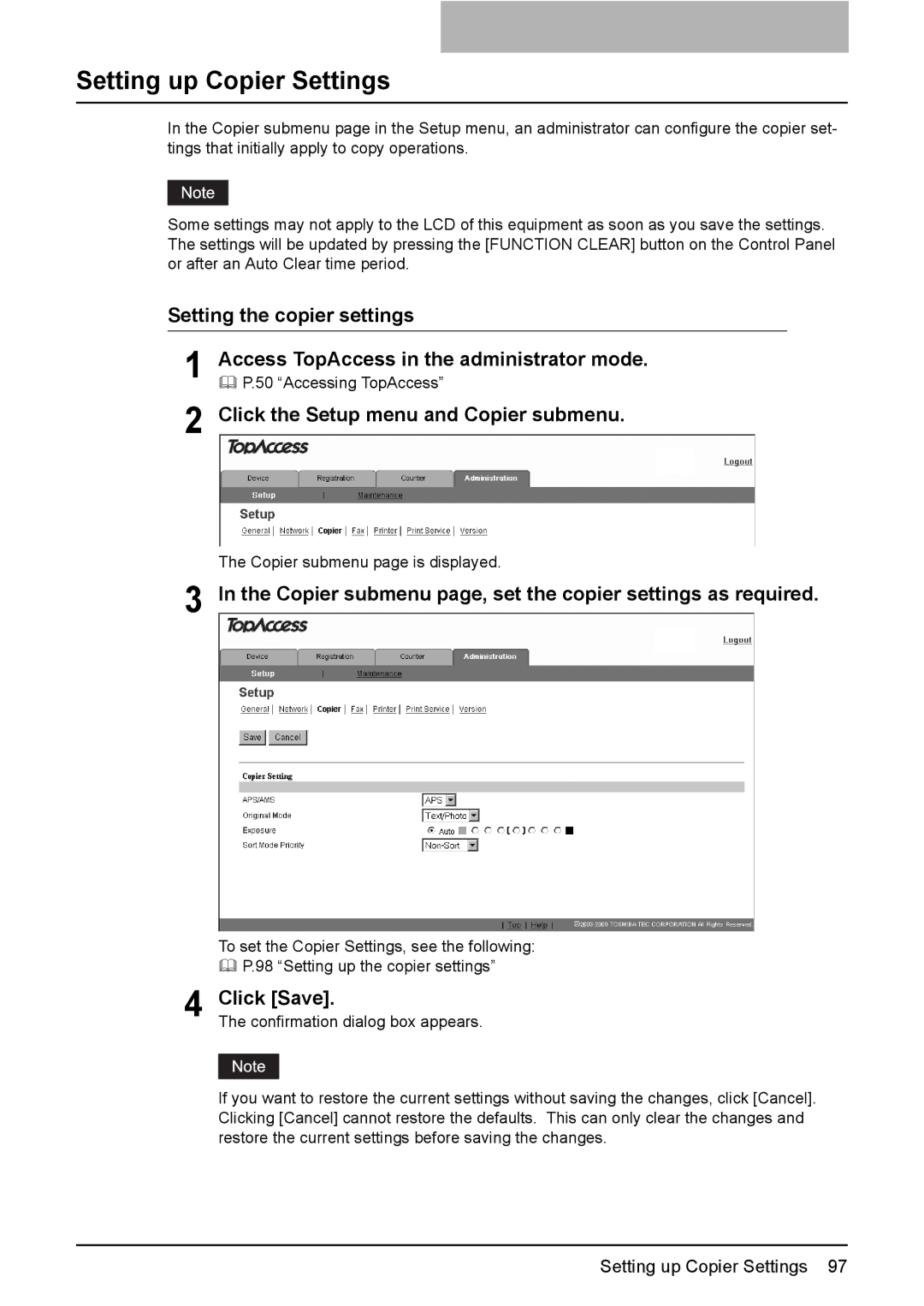 Toshiba GA-1190 setup guide Setting up Copier Settings, Click the Setup menu and Copier submenu 