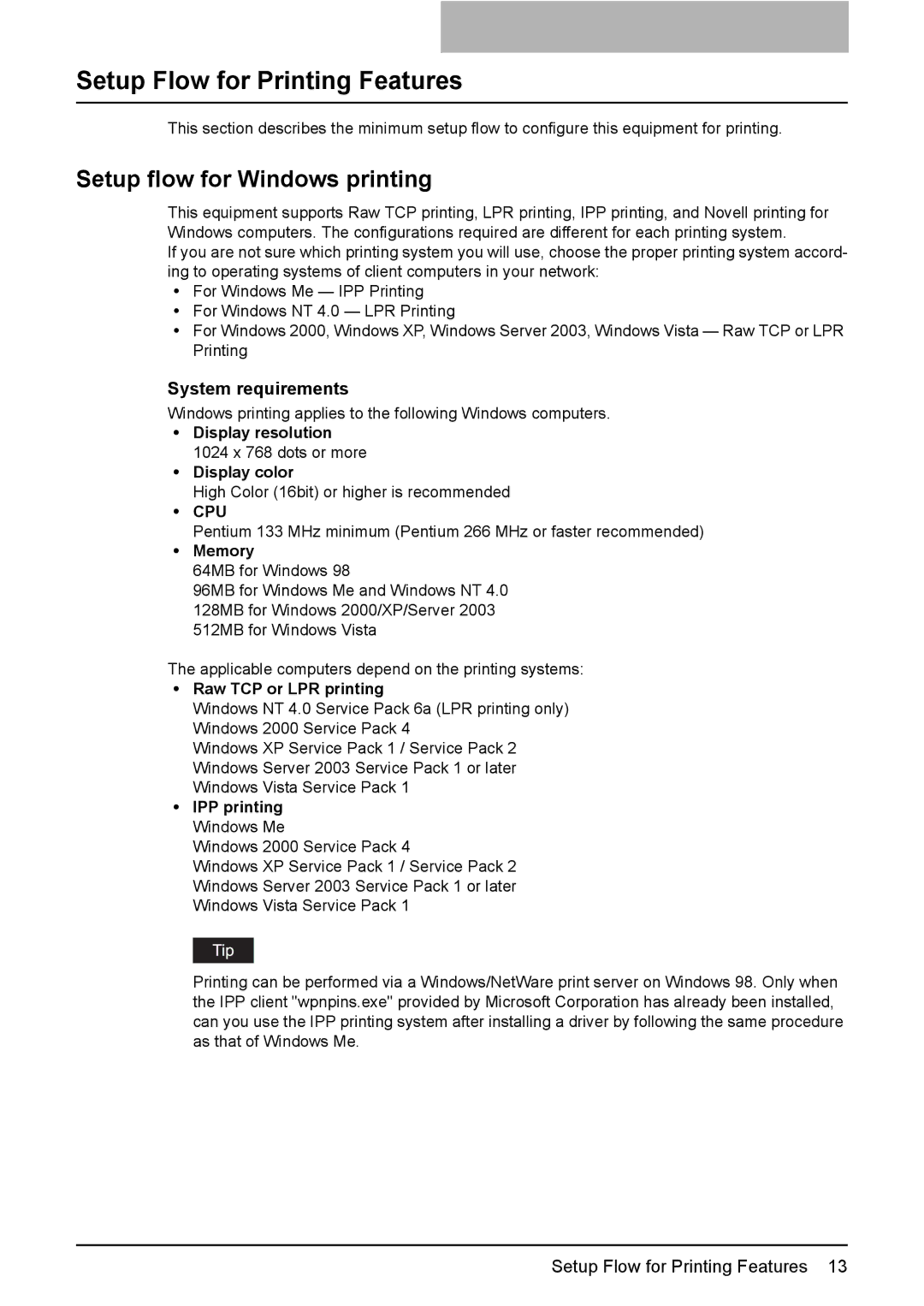 Toshiba GA-1190 manual Setup Flow for Printing Features, Setup flow for Windows printing, System requirements 