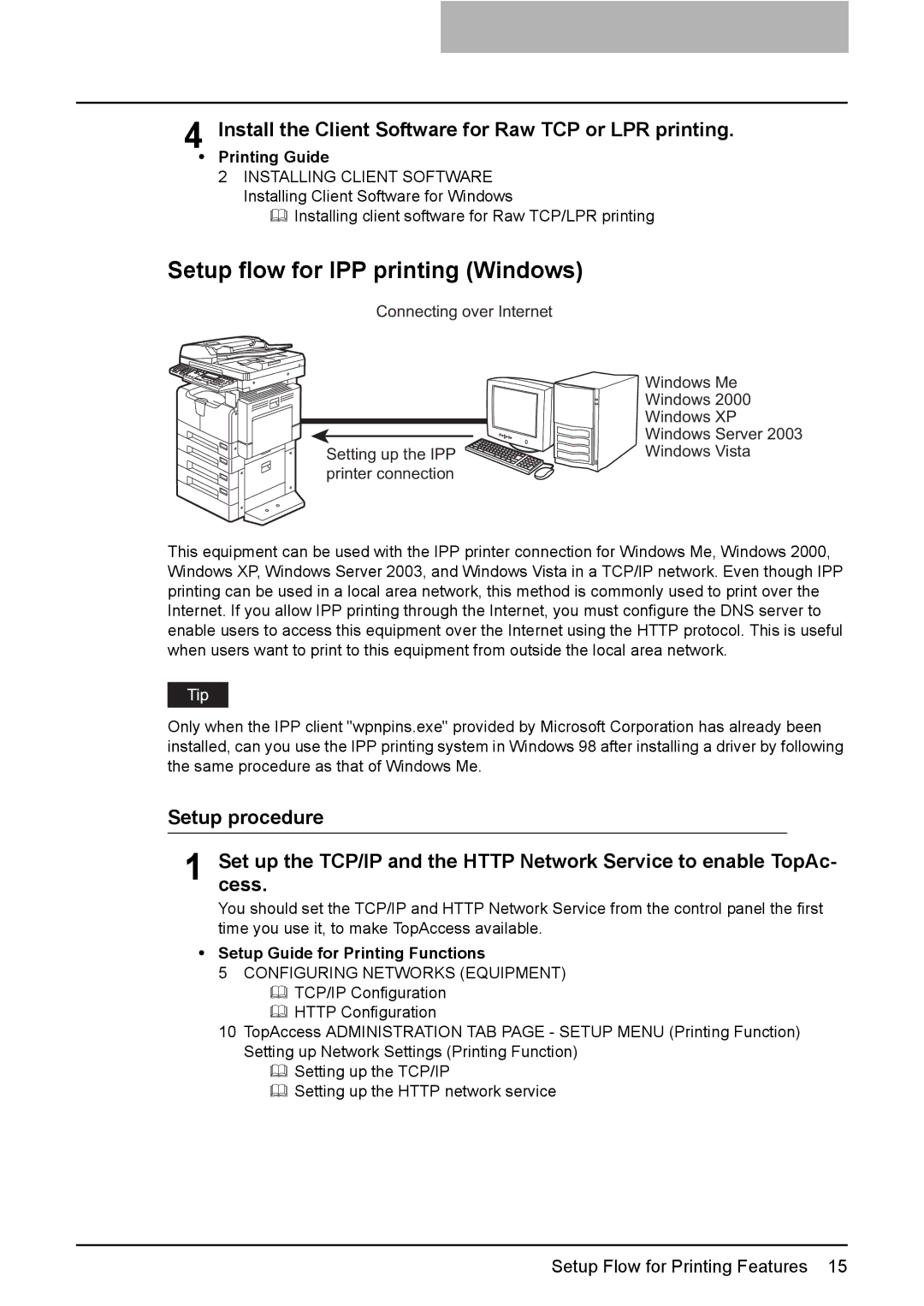 Toshiba GA-1190 manual Setup flow for IPP printing Windows, Install the Client Software for Raw TCP or LPR printing 