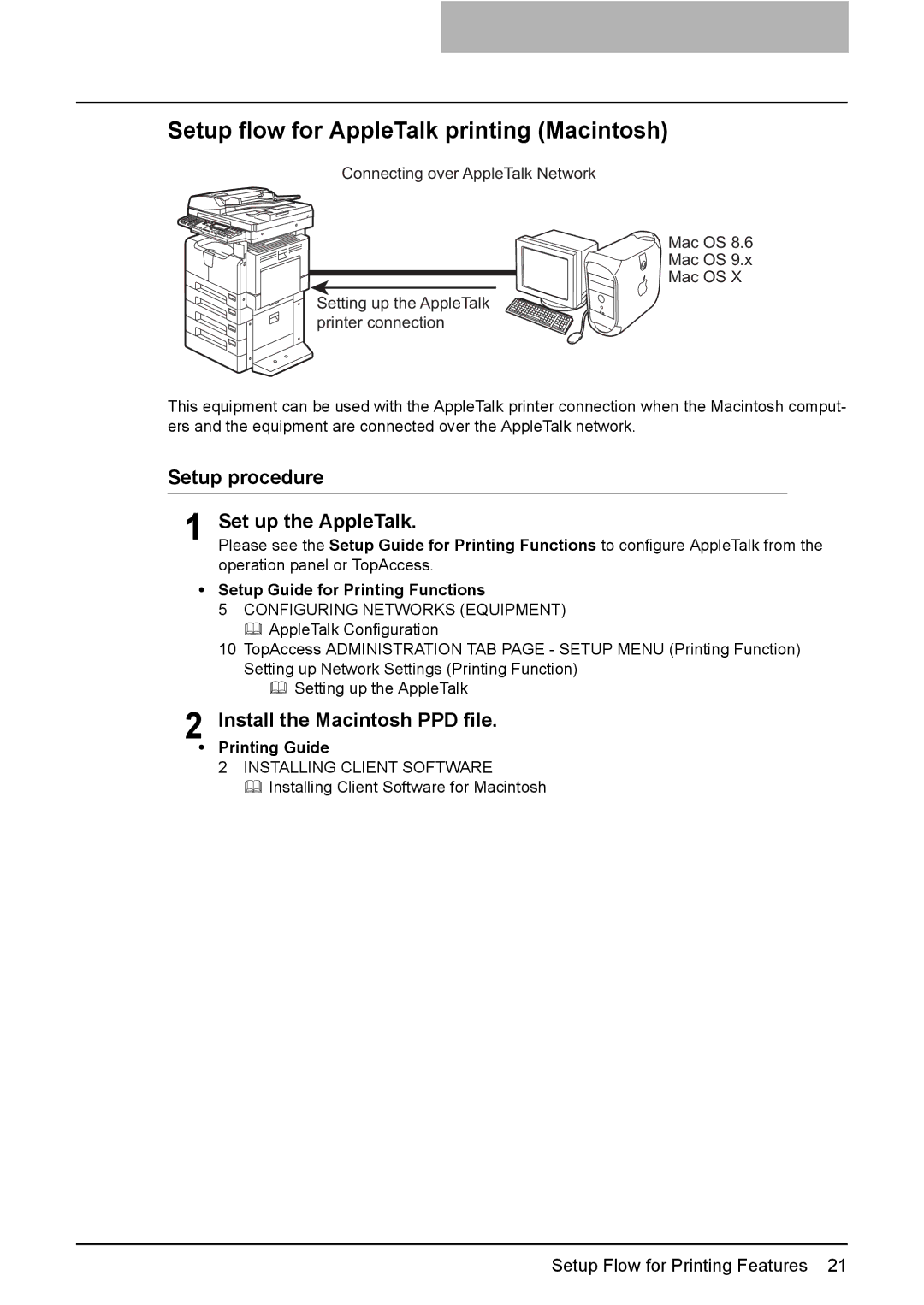 Toshiba GA-1190 manual Setup flow for AppleTalk printing Macintosh, Setup procedure Set up the AppleTalk 