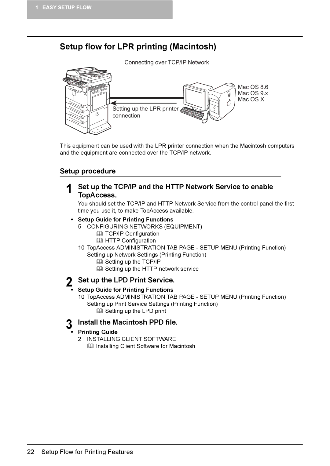 Toshiba GA-1190 manual Setup flow for LPR printing Macintosh, Set up the LPD Print Service 