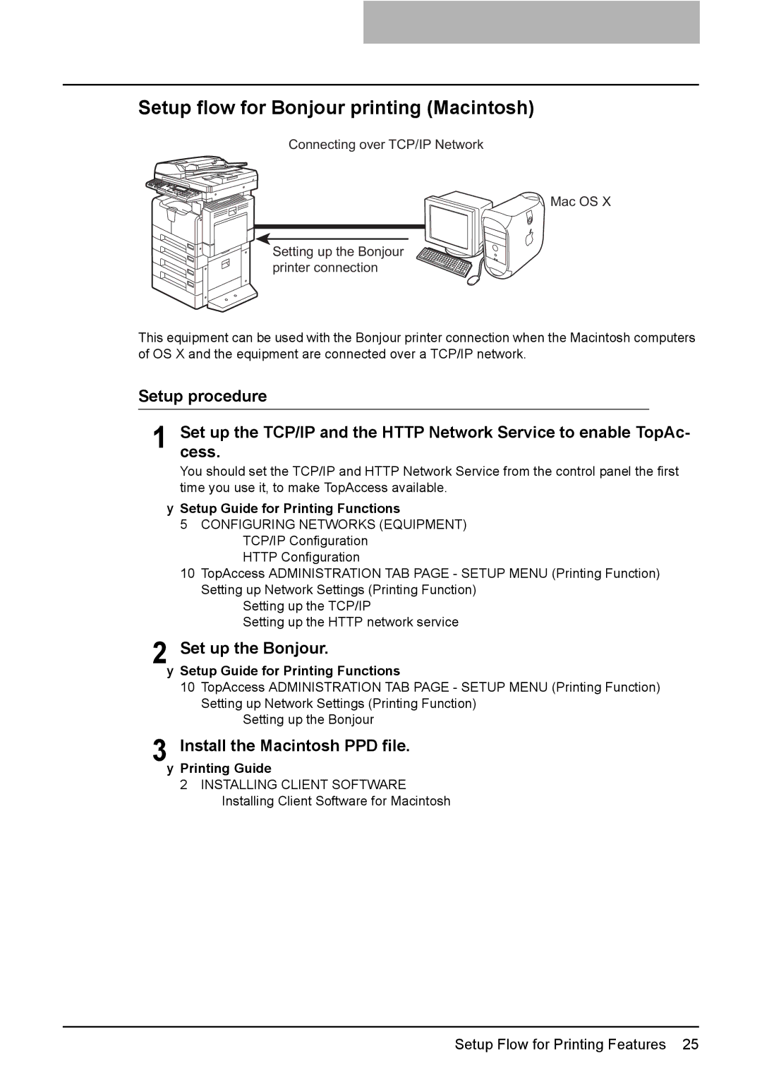 Toshiba GA-1190 manual Setup flow for Bonjour printing Macintosh, Set up the Bonjour 