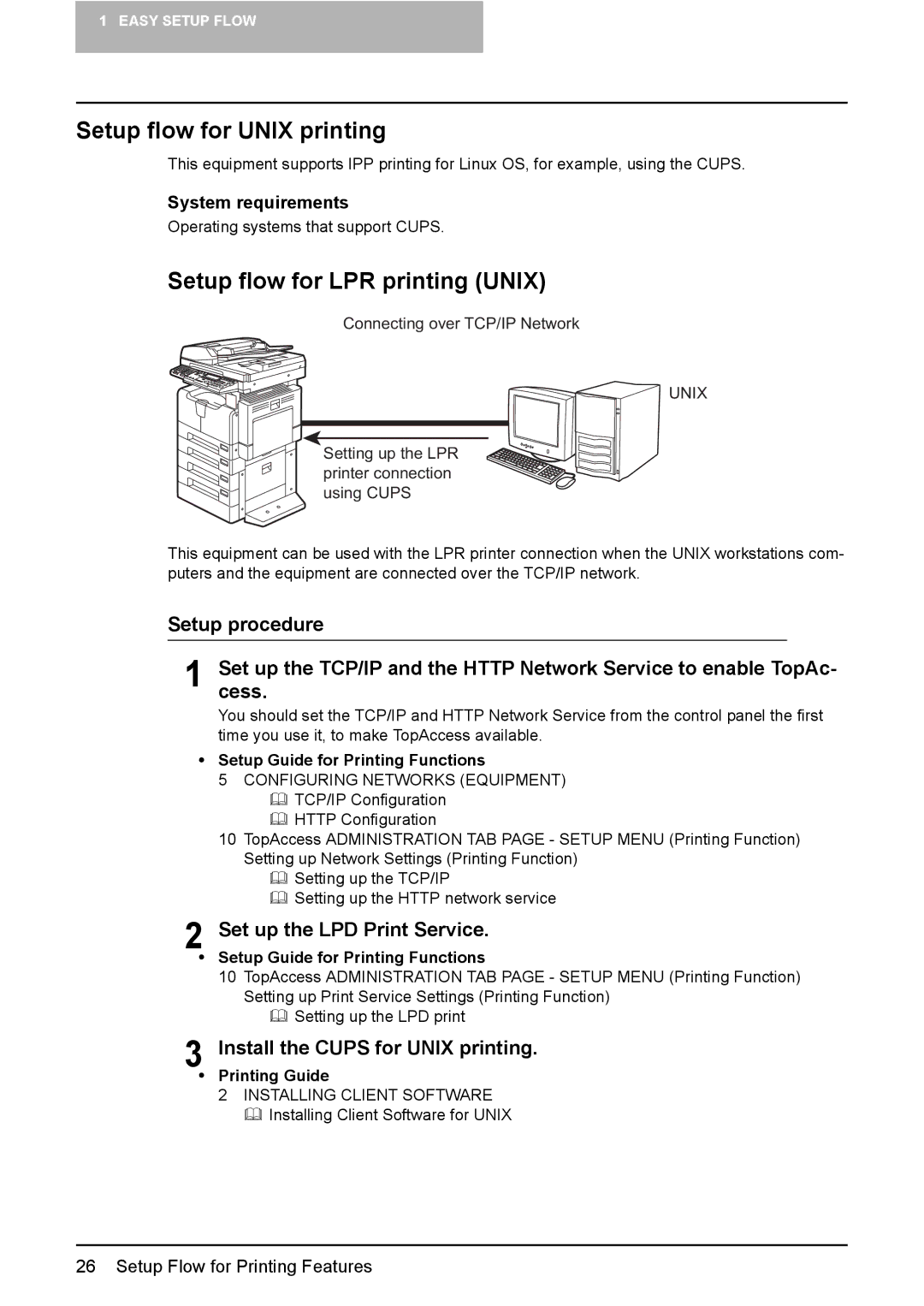 Toshiba GA-1190 manual Setup flow for Unix printing, Setup flow for LPR printing Unix, Install the Cups for Unix printing 