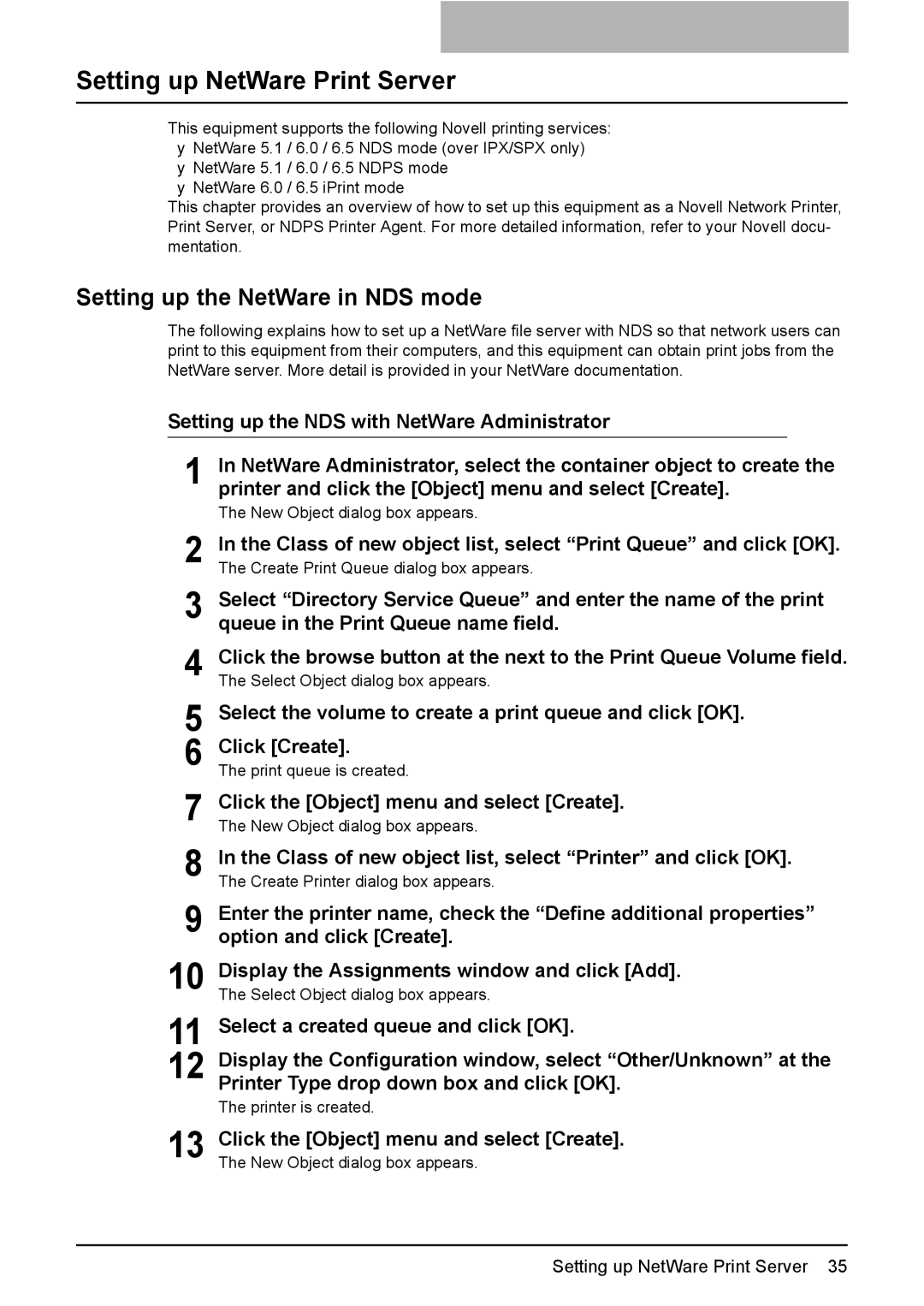 Toshiba GA-1190 manual Setting up NetWare Print Server, Setting up the NetWare in NDS mode 