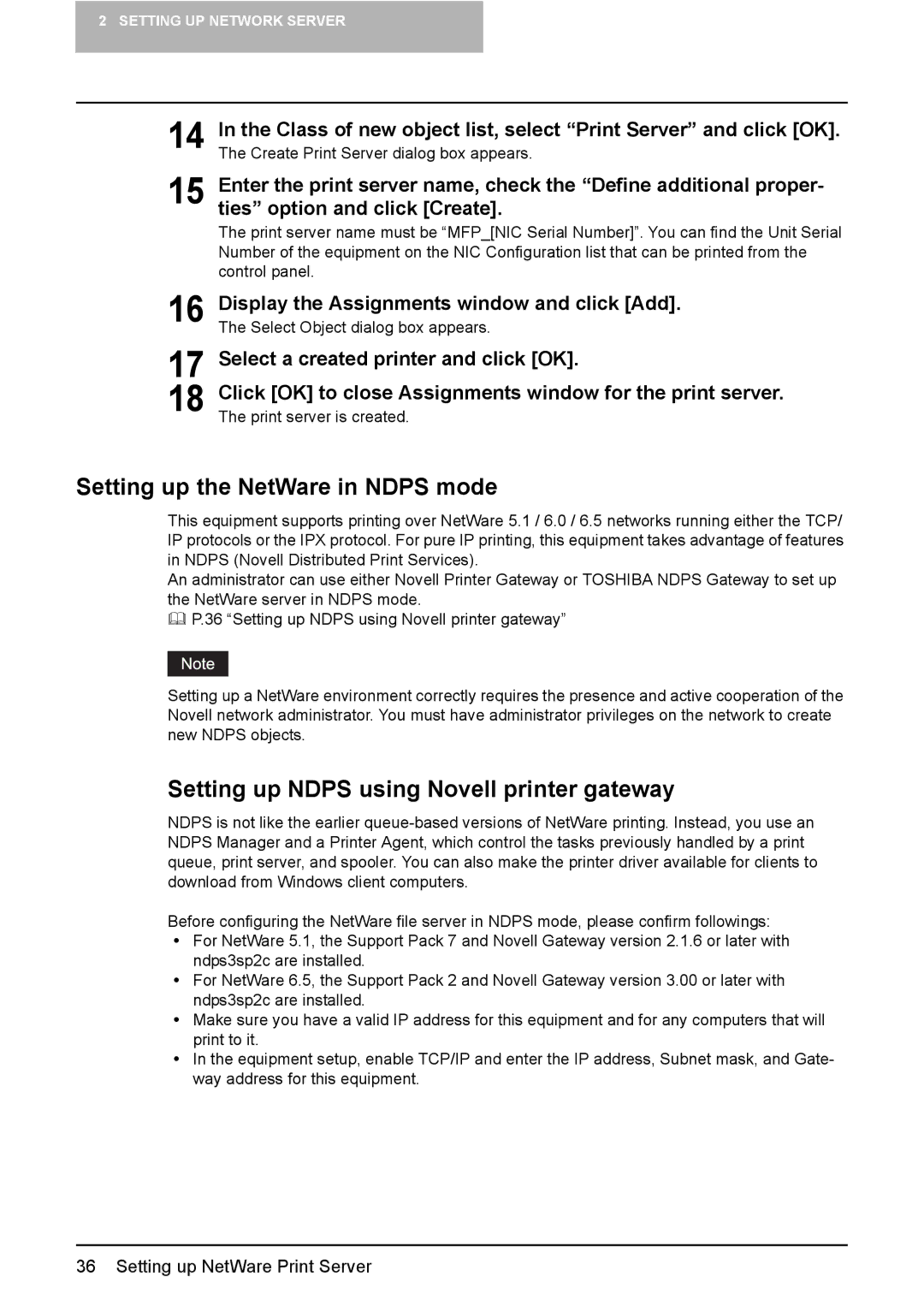 Toshiba GA-1190 manual Setting up the NetWare in Ndps mode, Setting up Ndps using Novell printer gateway 