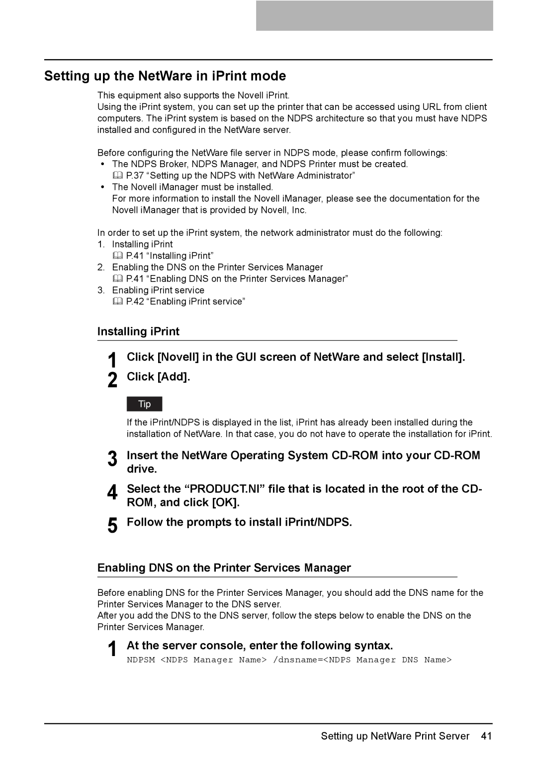 Toshiba GA-1190 manual Setting up the NetWare in iPrint mode, At the server console, enter the following syntax 