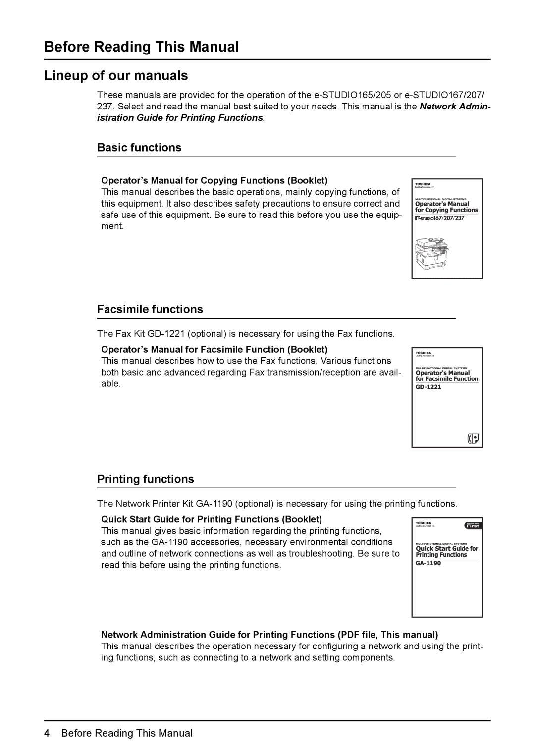 Toshiba GA-1190 Before Reading This Manual, Lineup of our manuals, Basic functions, Facsimile functions 