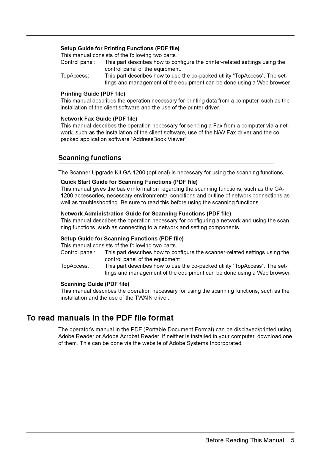 Toshiba GA-1190 manual Scanning functions, TopAccess 