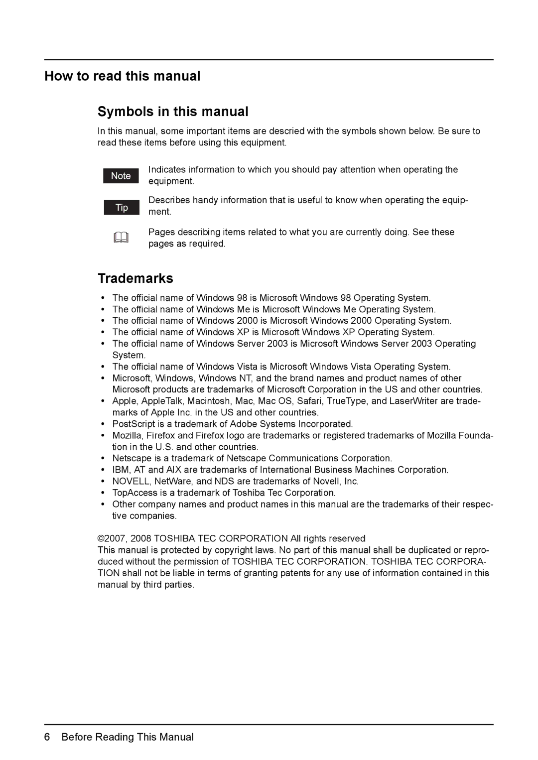 Toshiba GA-1190 How to read this manual Symbols in this manual, Trademarks 