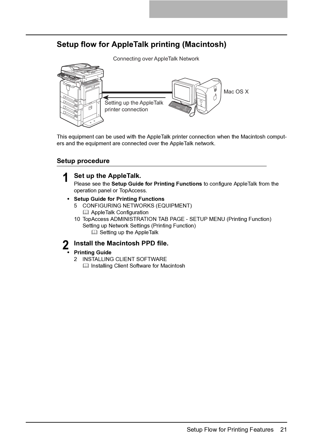 Toshiba GA-1191 manual Setup flow for AppleTalk printing Macintosh, Setup procedure Set up the AppleTalk 