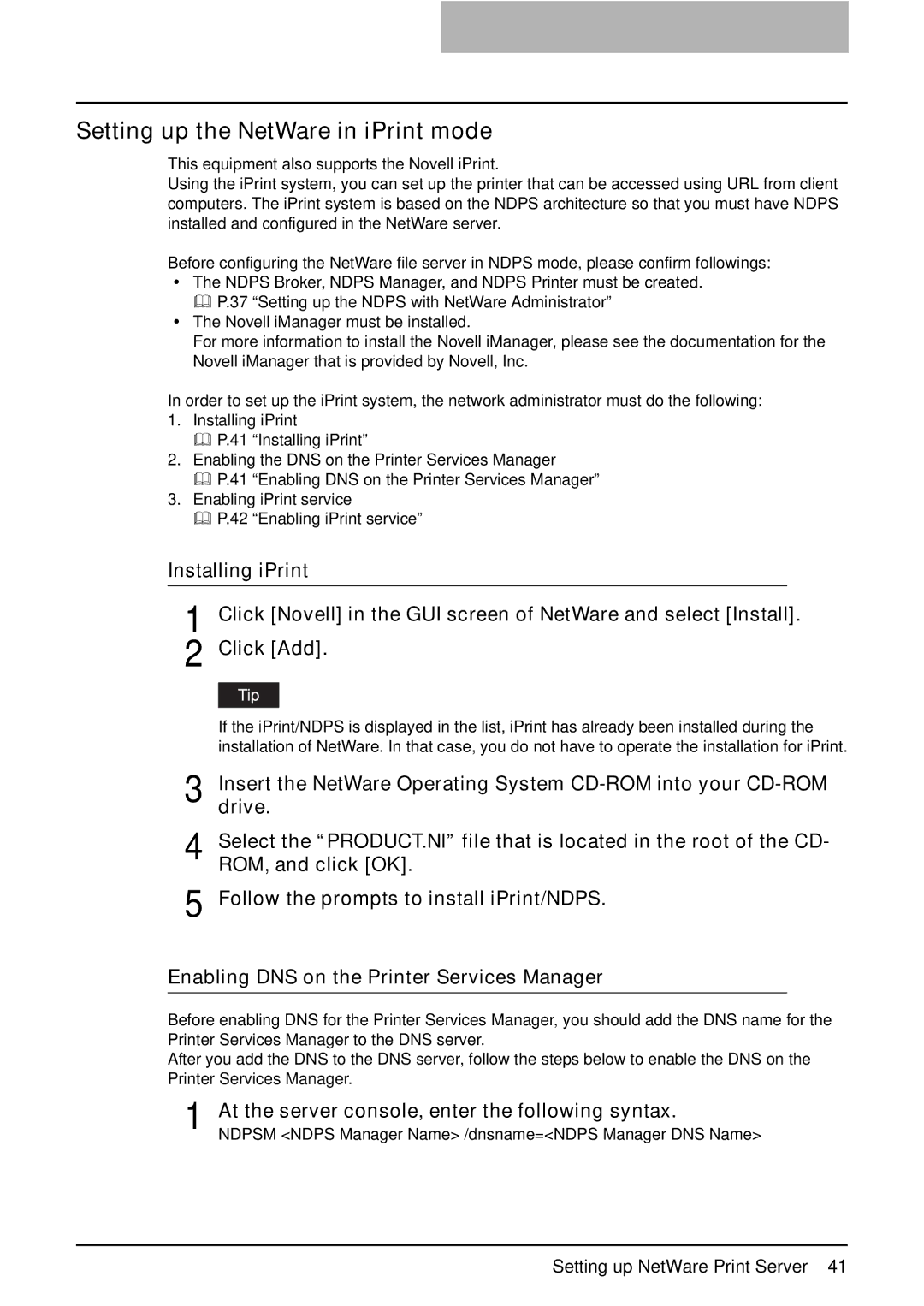 Toshiba GA-1191 manual Setting up the NetWare in iPrint mode, At the server console, enter the following syntax 