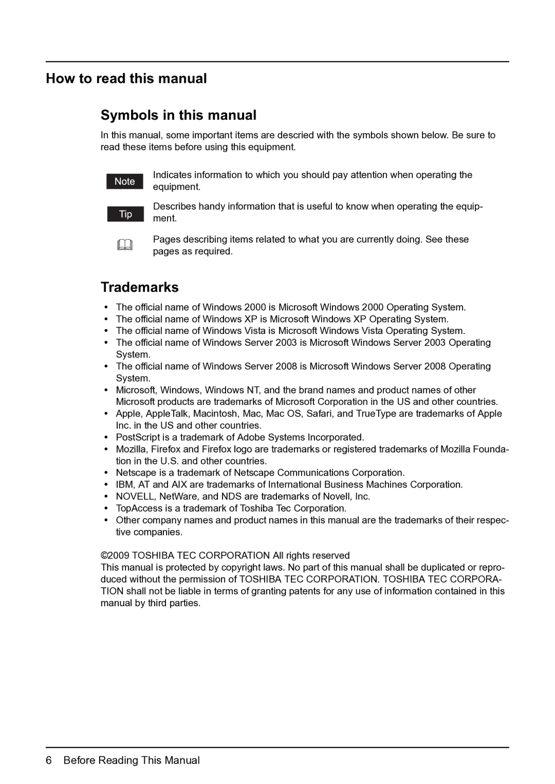 Toshiba GA-1191 How to read this manual Symbols in this manual, Trademarks 