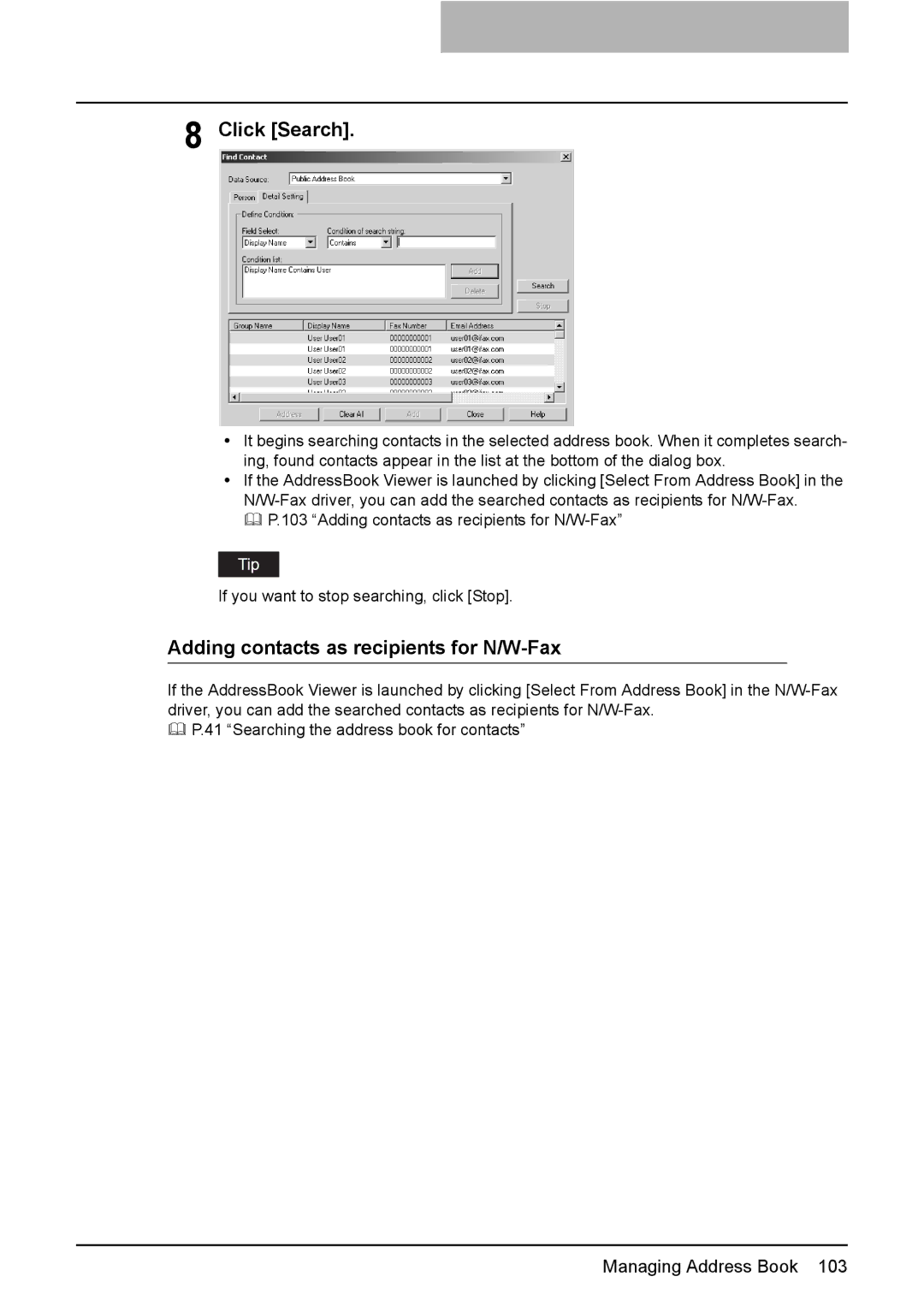 Toshiba GA-1191 manual Click Search, Adding contacts as recipients for N/W-Fax 