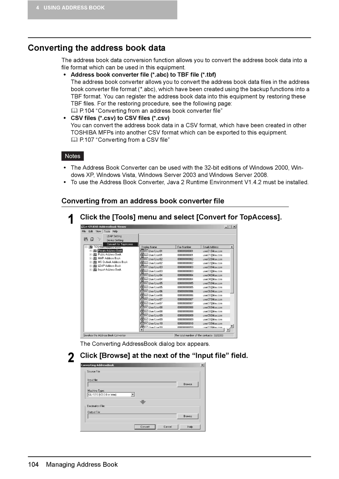 Toshiba GA-1191 manual Converting the address book data, Click Browse at the next of the Input file field 