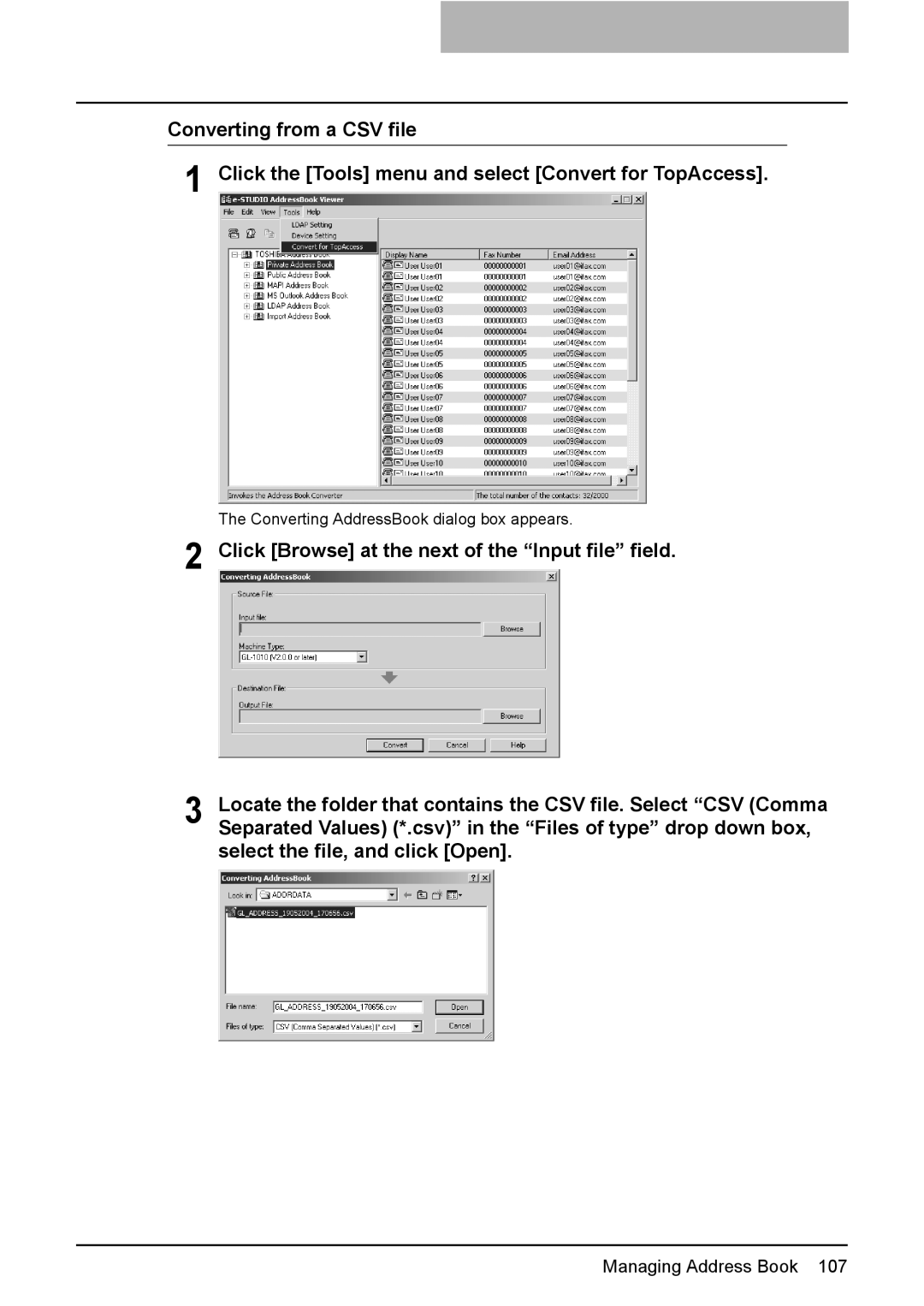 Toshiba GA-1191 manual Converting AddressBook dialog box appears 