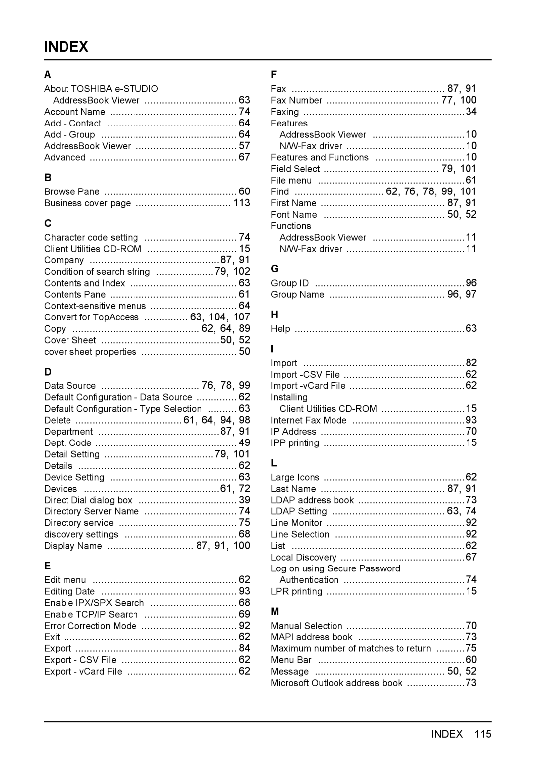 Toshiba GA-1191 manual Index 