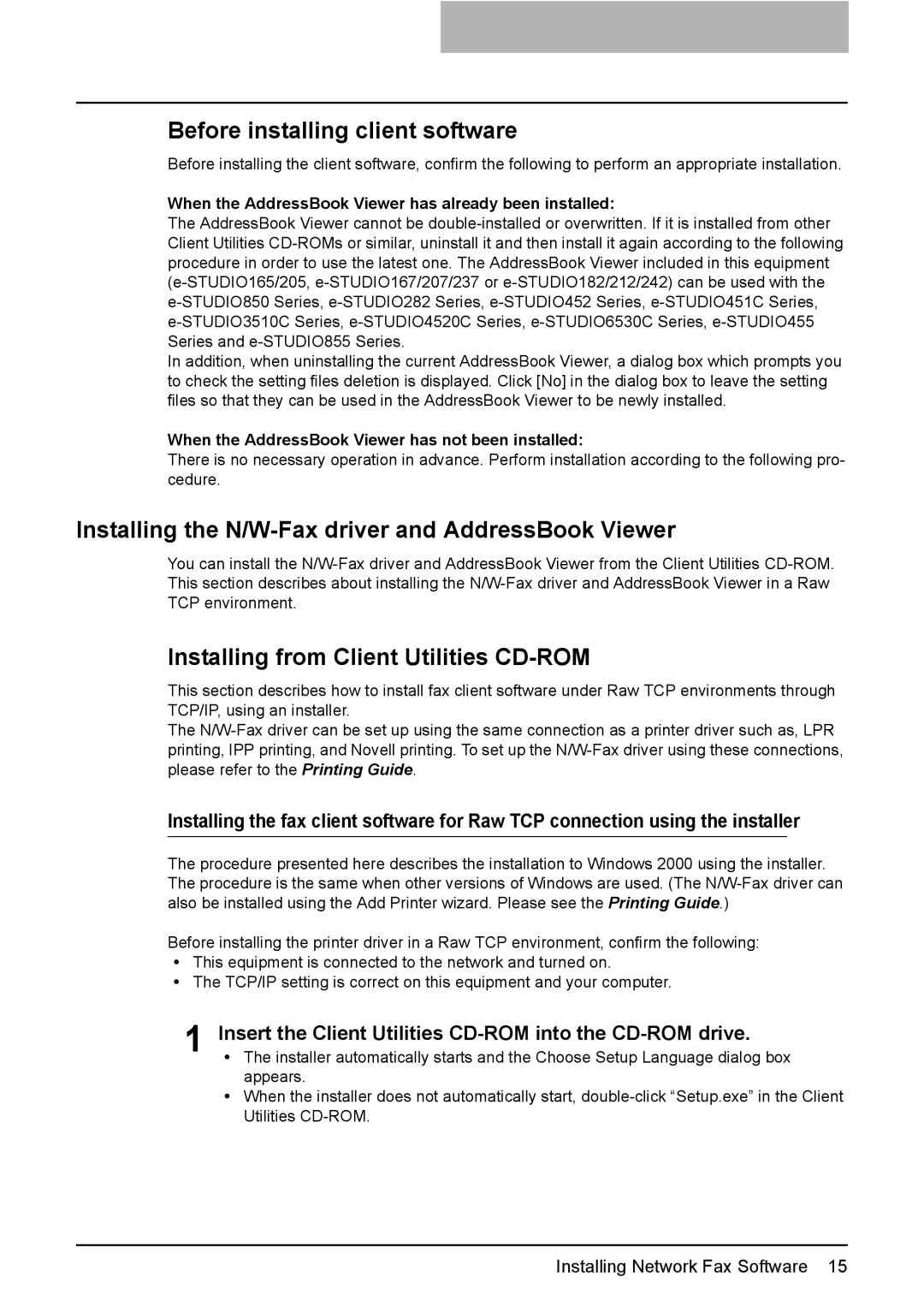 Toshiba GA-1191 manual Before installing client software, Installing the N/W-Fax driver and AddressBook Viewer 