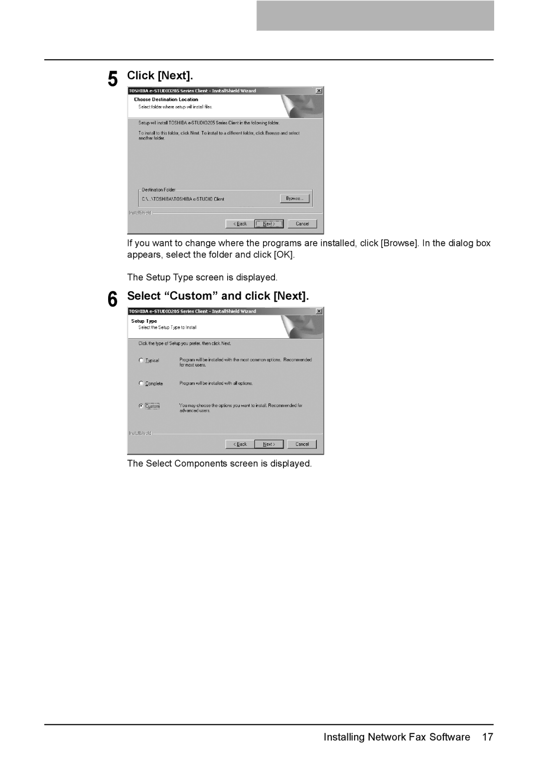 Toshiba GA-1191 manual Select Custom and click Next 