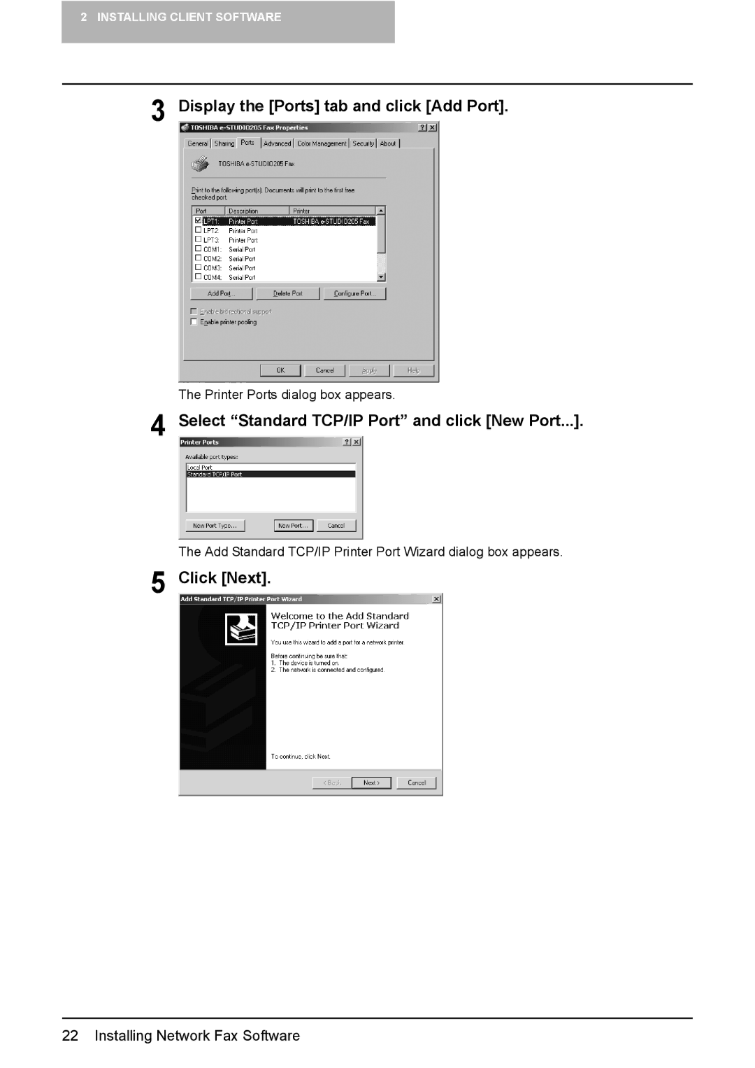 Toshiba GA-1191 manual Display the Ports tab and click Add Port, Select Standard TCP/IP Port and click New Port 