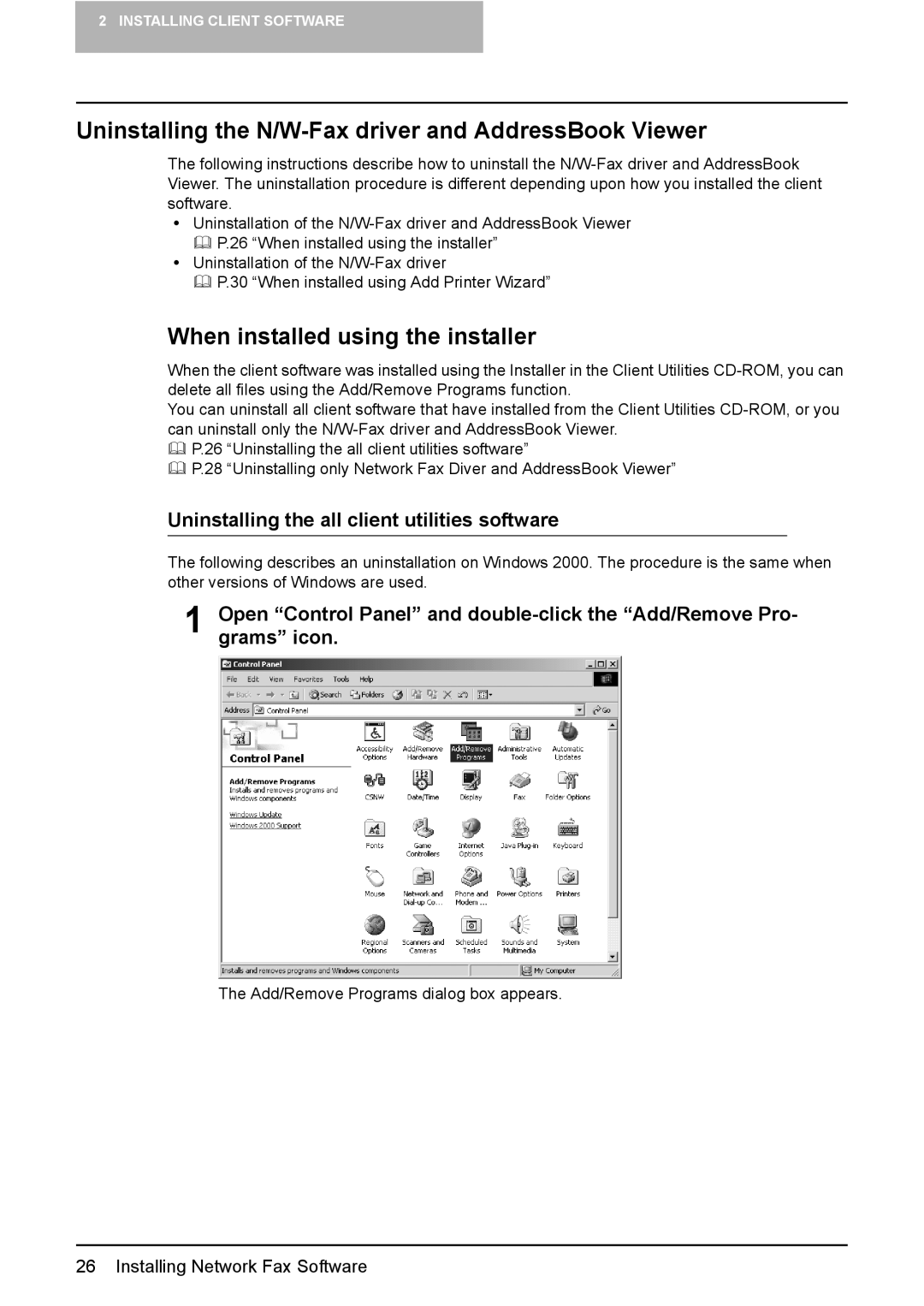 Toshiba GA-1191 manual Uninstalling the N/W-Fax driver and AddressBook Viewer, When installed using the installer 