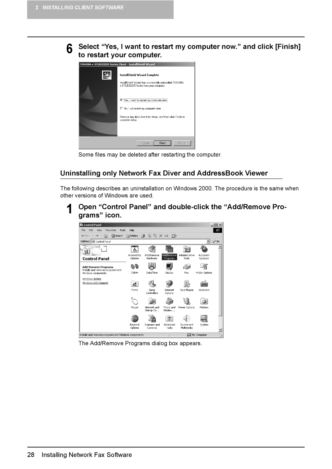 Toshiba GA-1191 manual Uninstalling only Network Fax Diver and AddressBook Viewer 