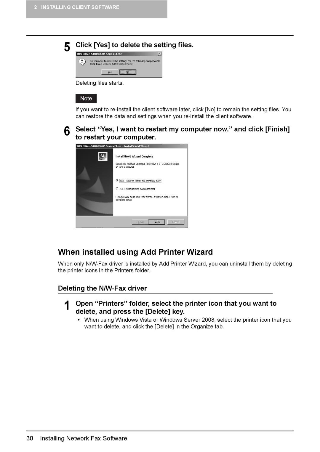 Toshiba GA-1191 manual When installed using Add Printer Wizard, Click Yes to delete the setting files 