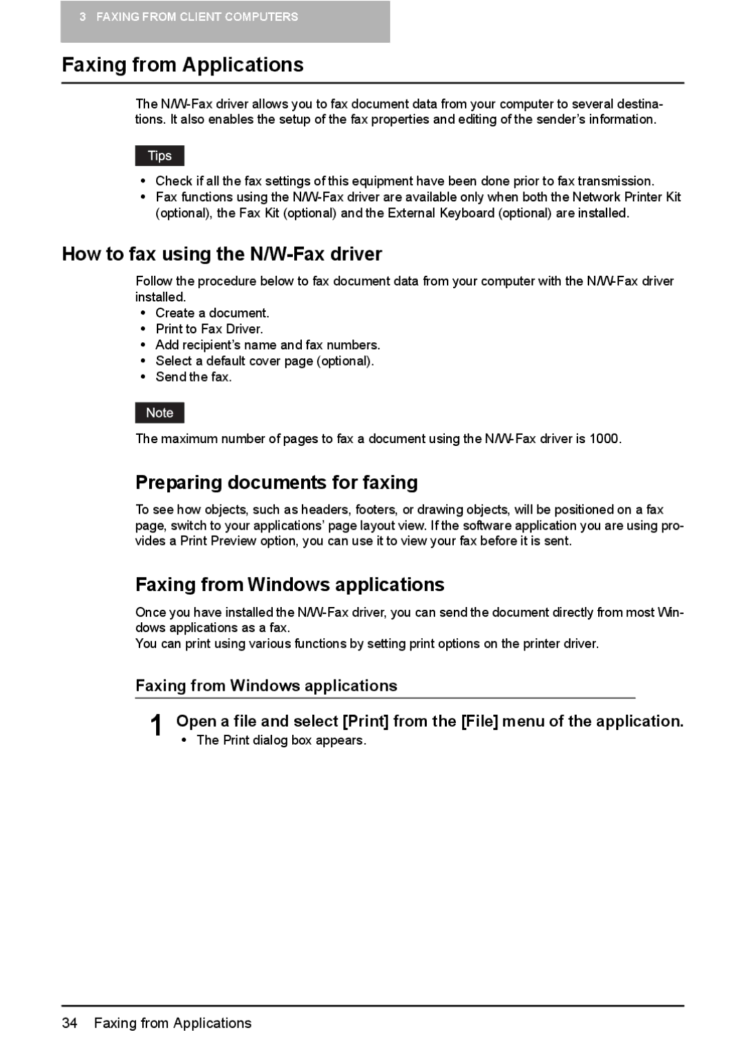 Toshiba GA-1191 How to fax using the N/W-Fax driver, Preparing documents for faxing, Faxing from Windows applications 