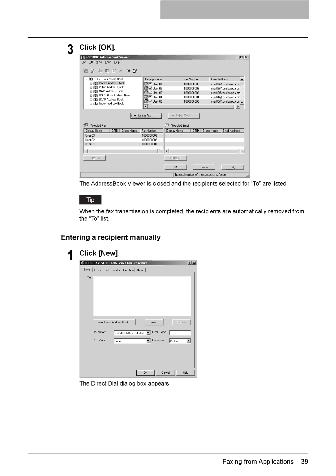 Toshiba GA-1191 Click OK, Entering a recipient manually Click New 