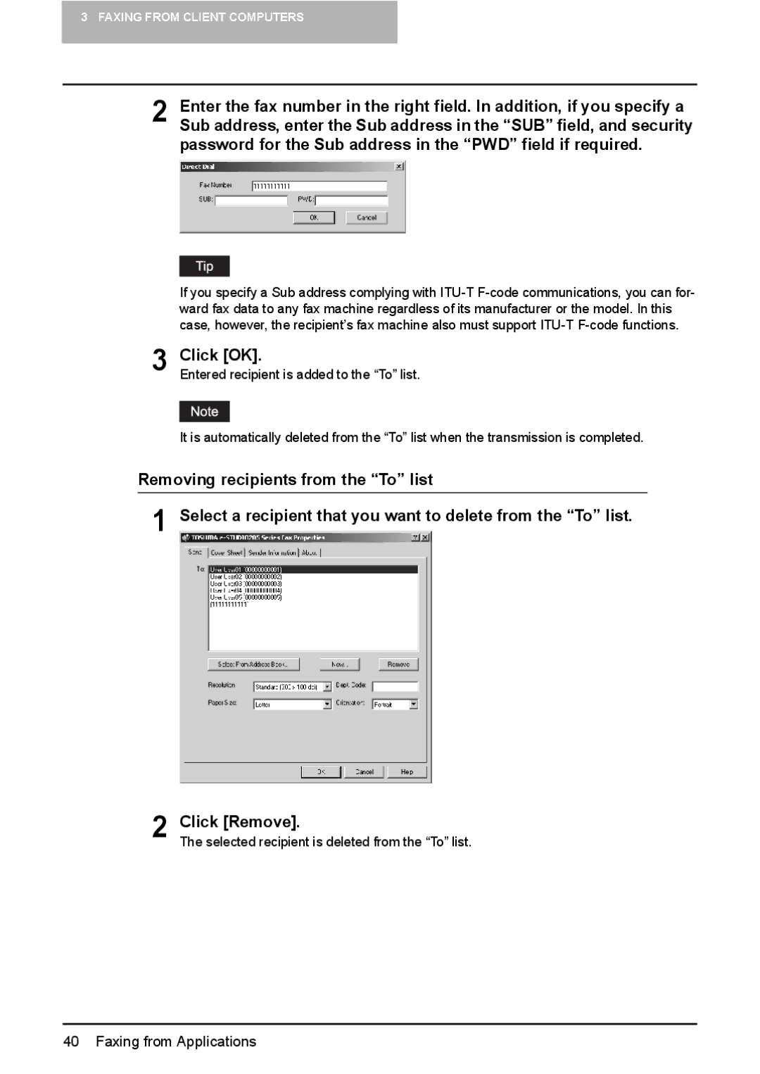 Toshiba GA-1191 manual Selected recipient is deleted from the To list 